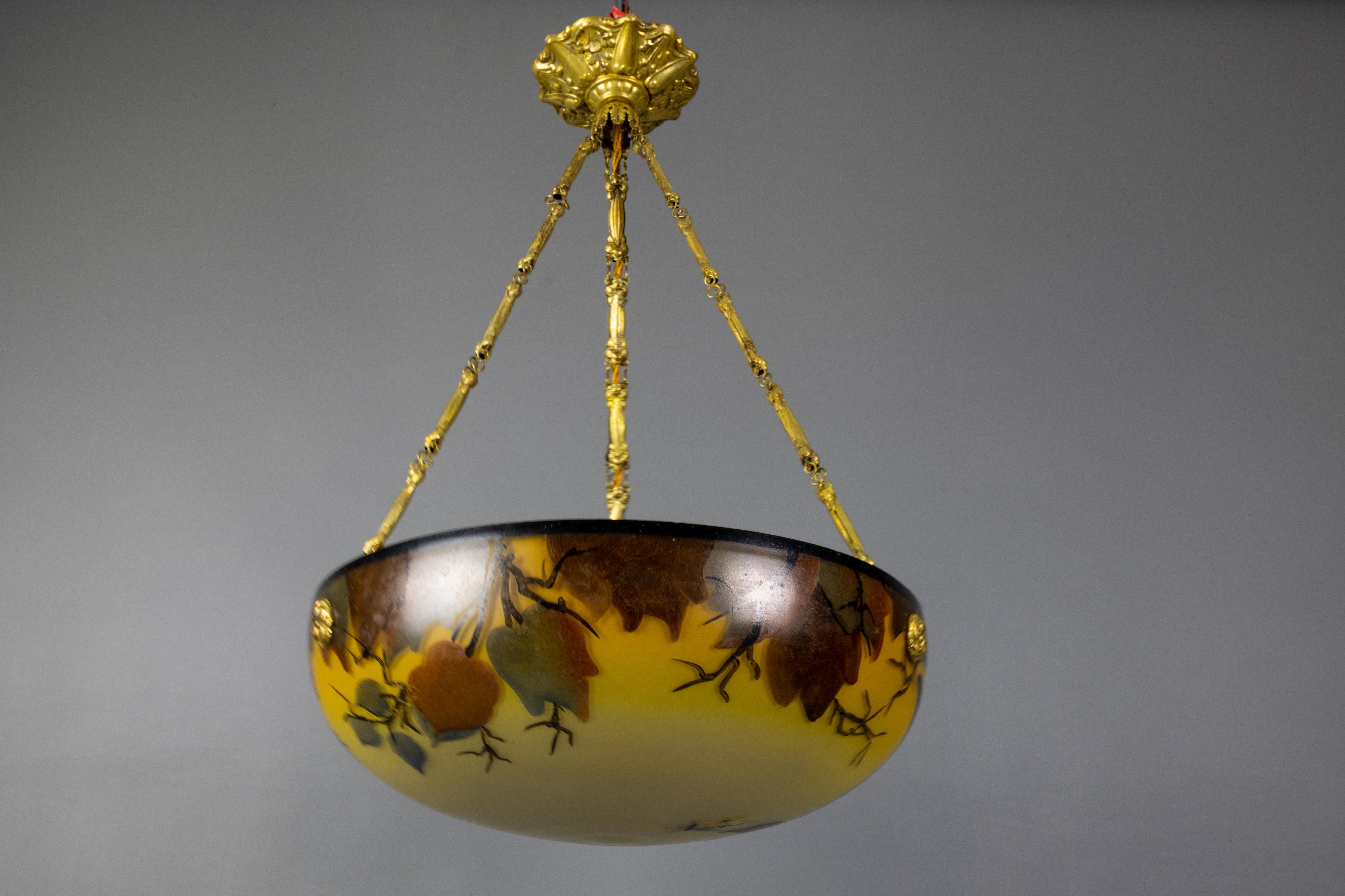 French Art Nouveau Yellow and Brown Painted Glass Pendant Light with Bird, 1920s 14