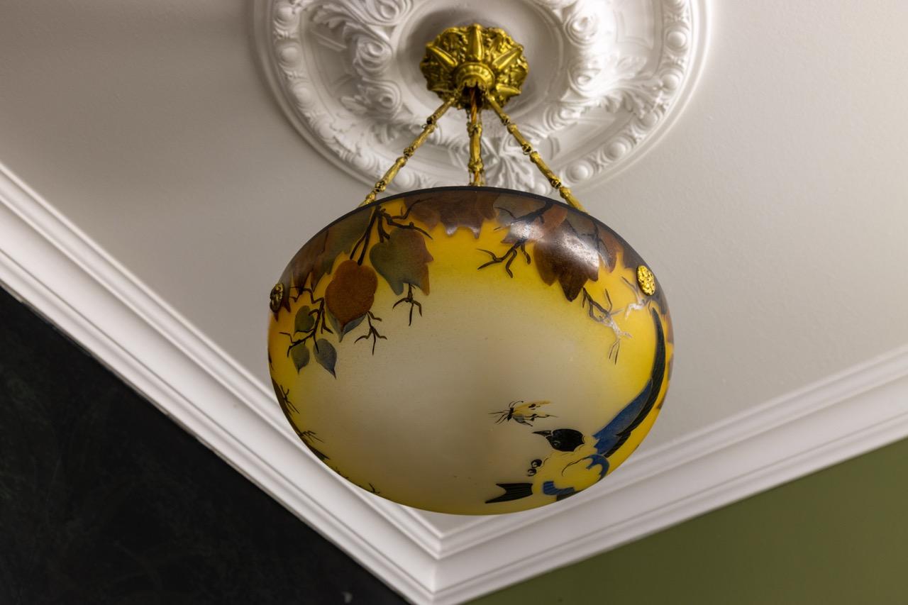 Hand-Painted French Art Nouveau Yellow and Brown Painted Glass Pendant Light with Bird, 1920s