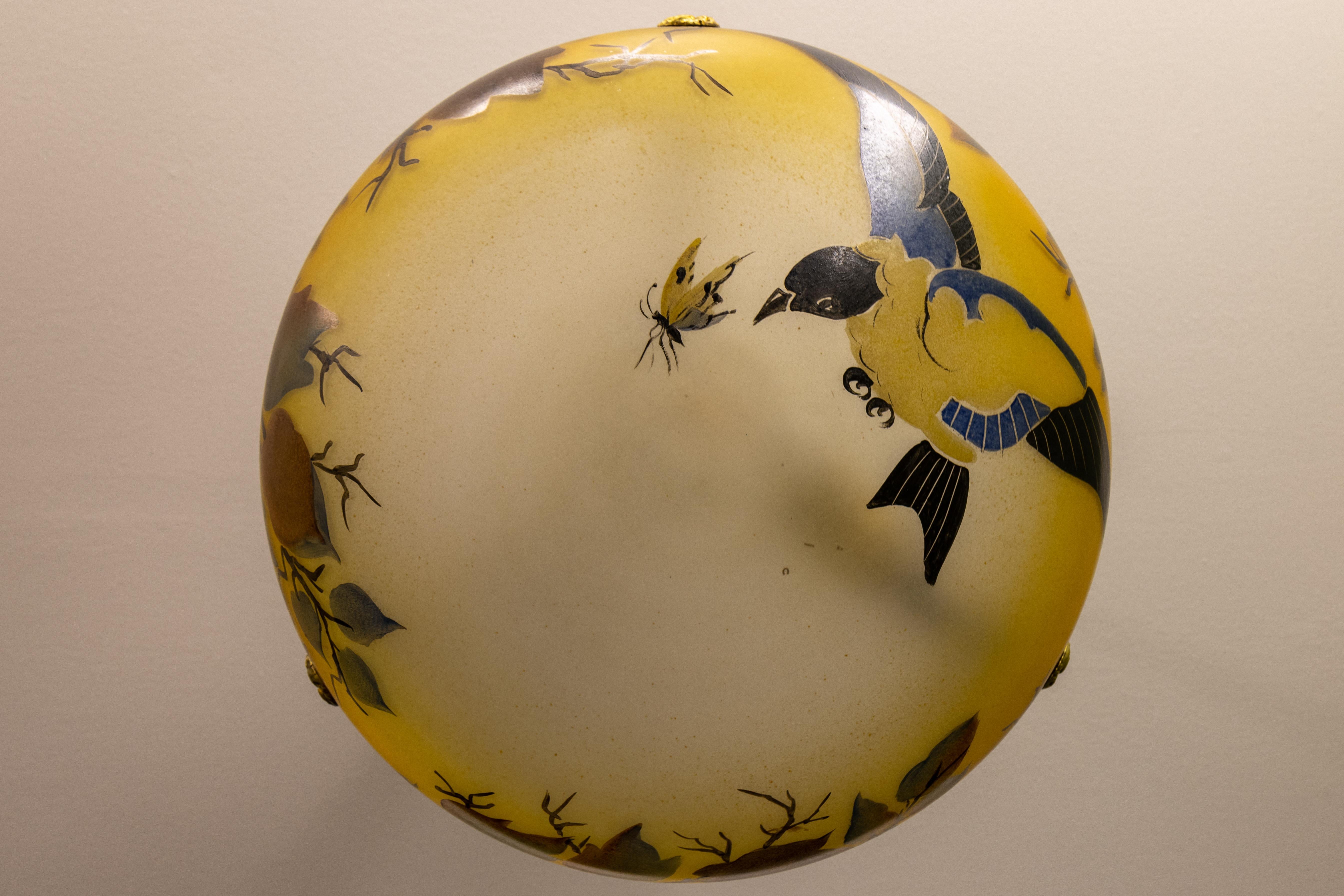 Early 20th Century French Art Nouveau Yellow and Brown Painted Glass Pendant Light with Bird, 1920s