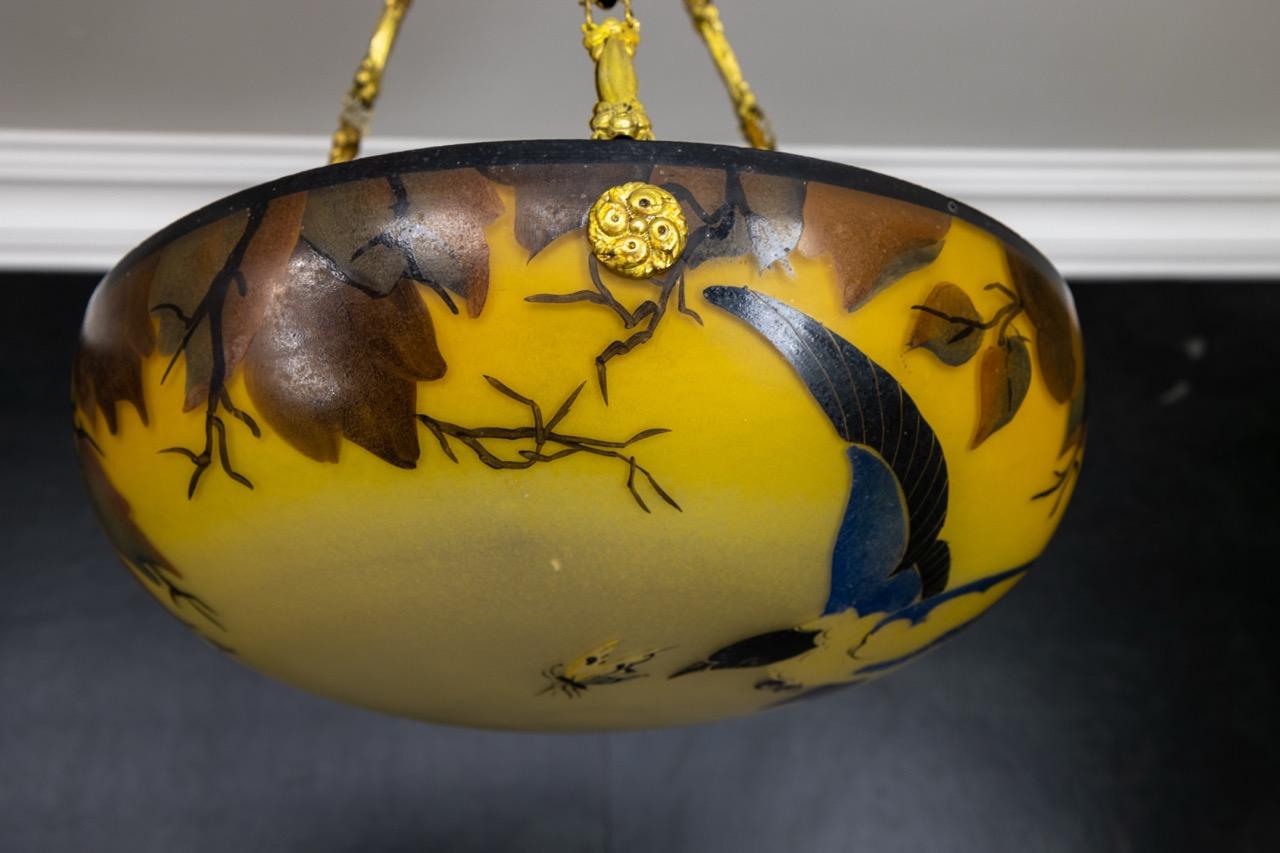 French Art Nouveau Yellow and Brown Painted Glass Pendant Light with Bird, 1920s 1