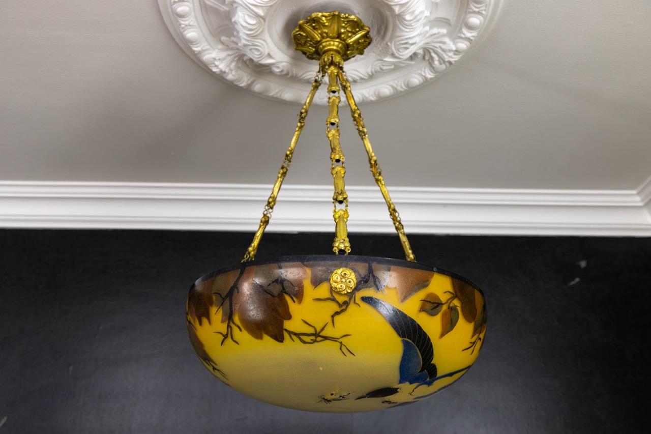 French Art Nouveau Yellow and Brown Painted Glass Pendant Light with Bird, 1920s 2