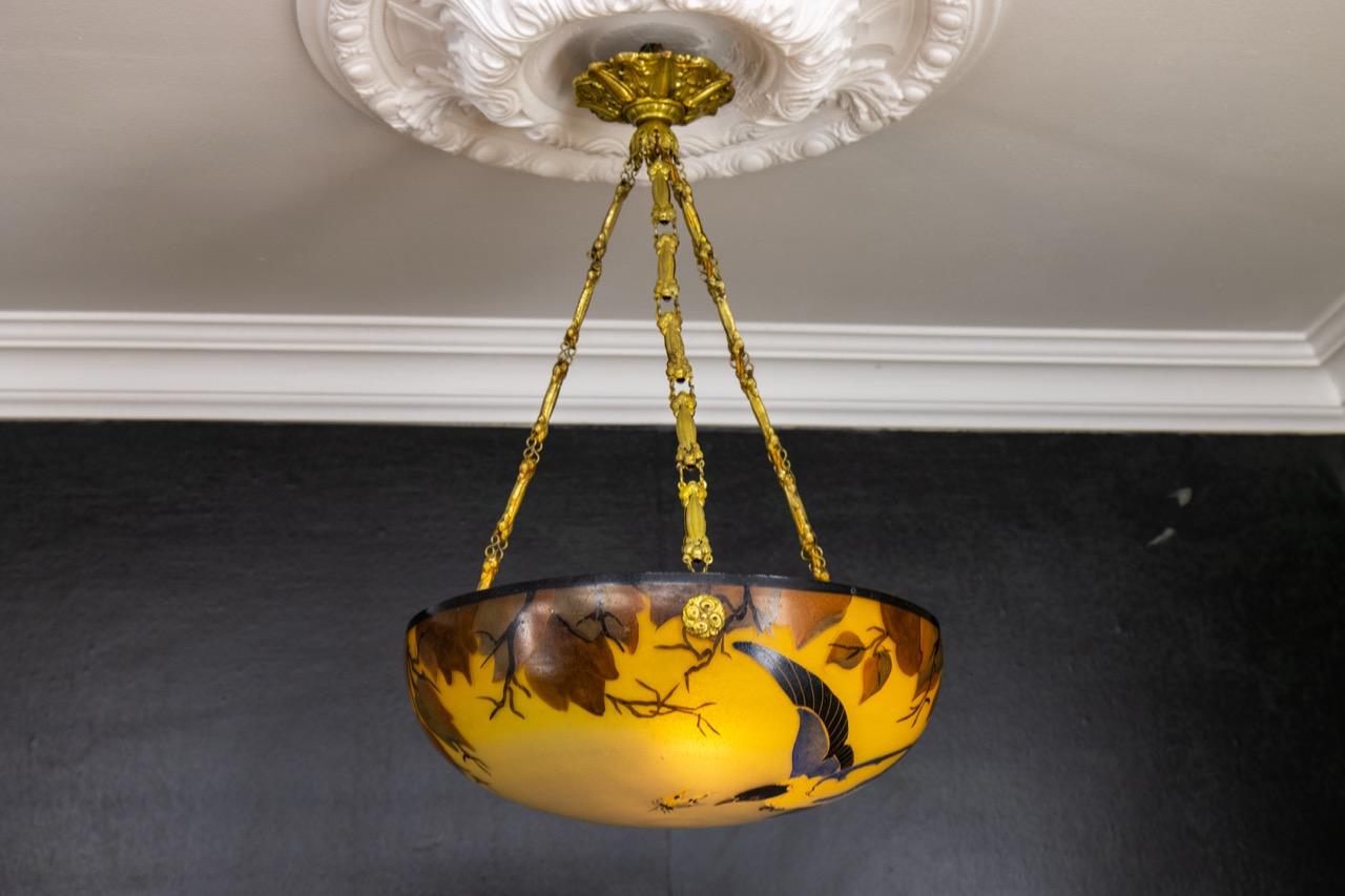 French Art Nouveau Yellow and Brown Painted Glass Pendant Light with Bird, 1920s 3