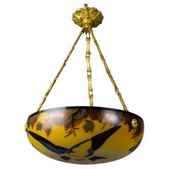 French Art Nouveau Yellow and Brown Painted Glass Pendant Light with Bird, 1920s