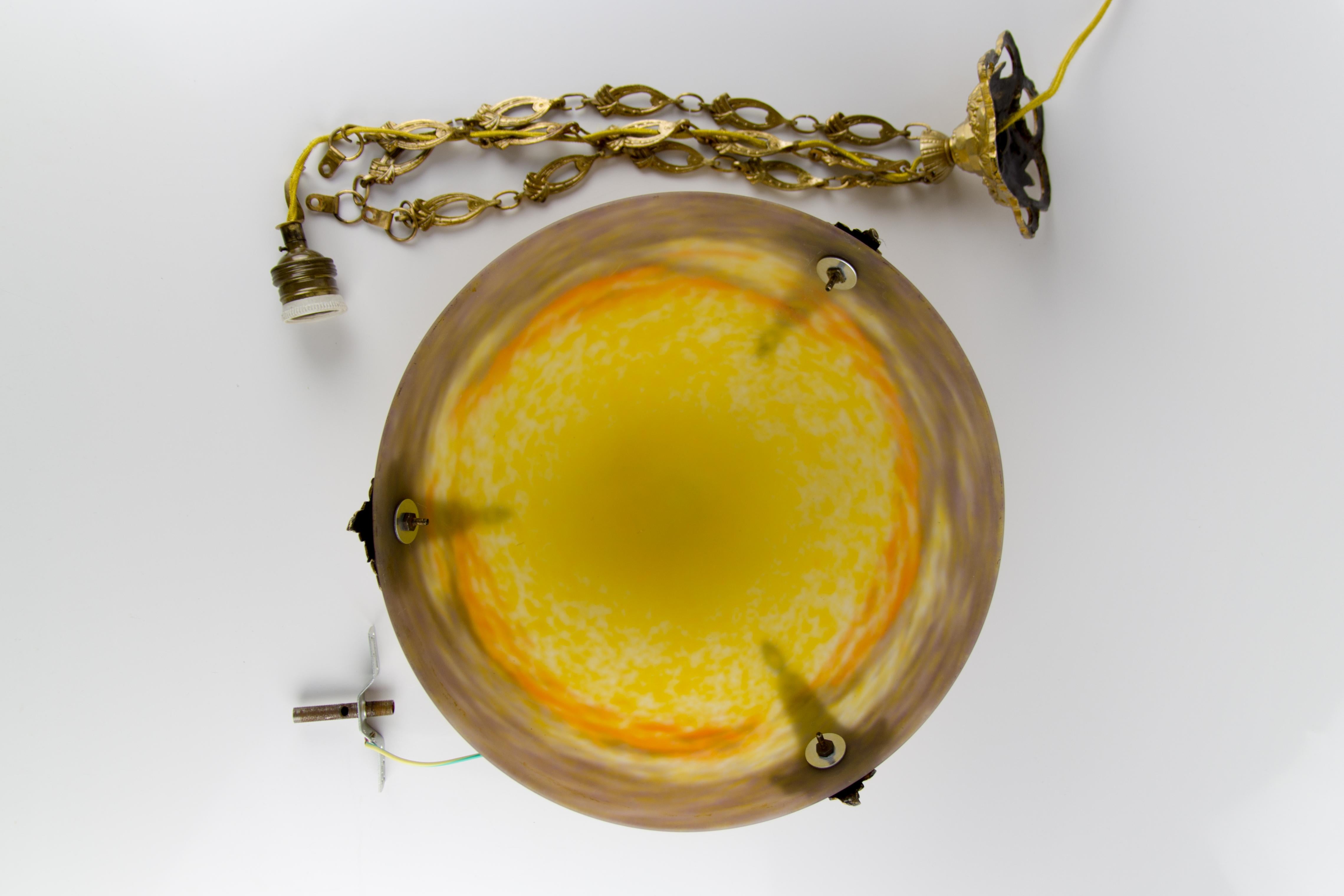 French Art Nouveau Yellow Glass Bowl Pendant Chandelier by Muller Frères, 1920s 6