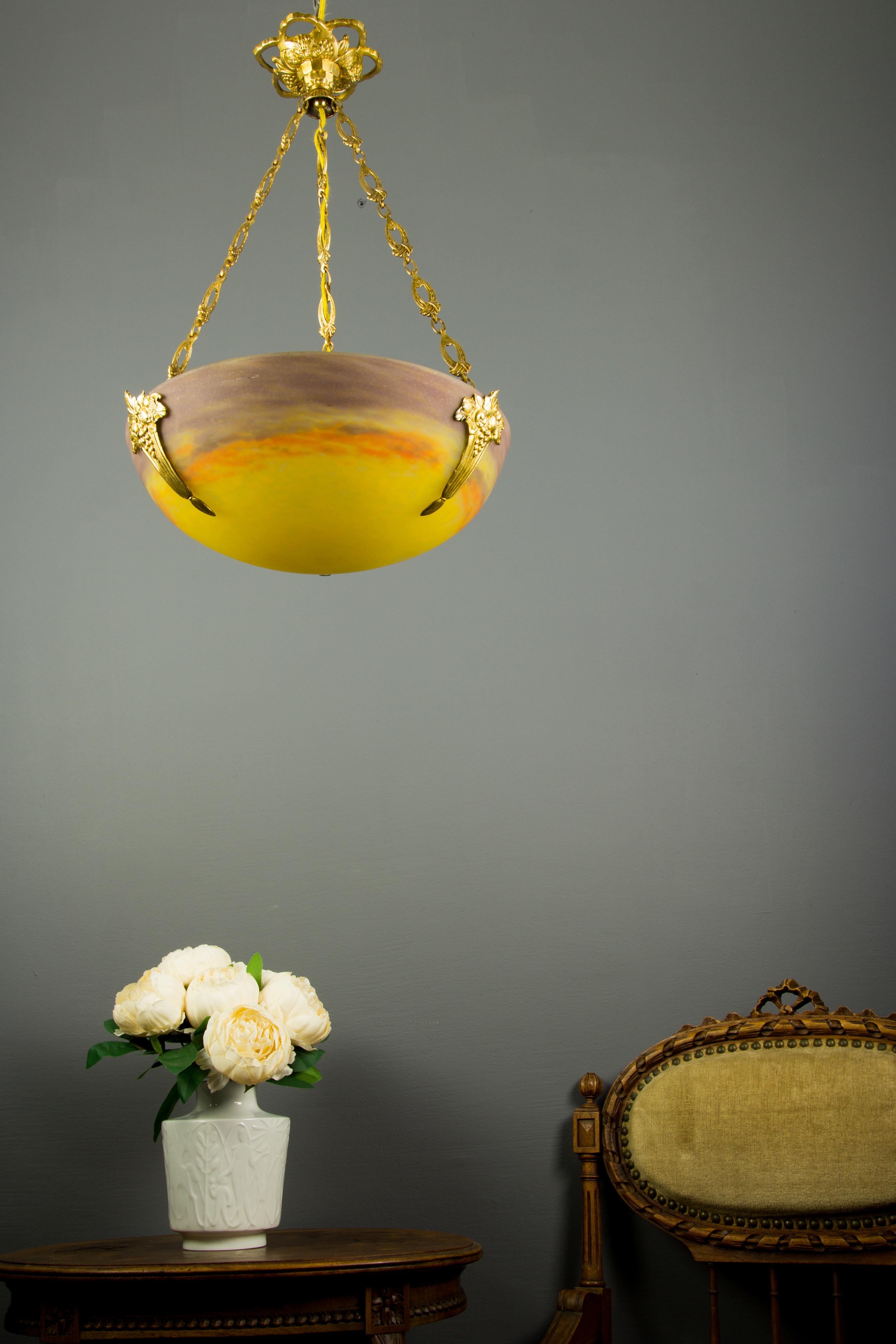 French Art Nouveau Yellow Glass Bowl Pendant Chandelier by Muller Frères, 1920s 16