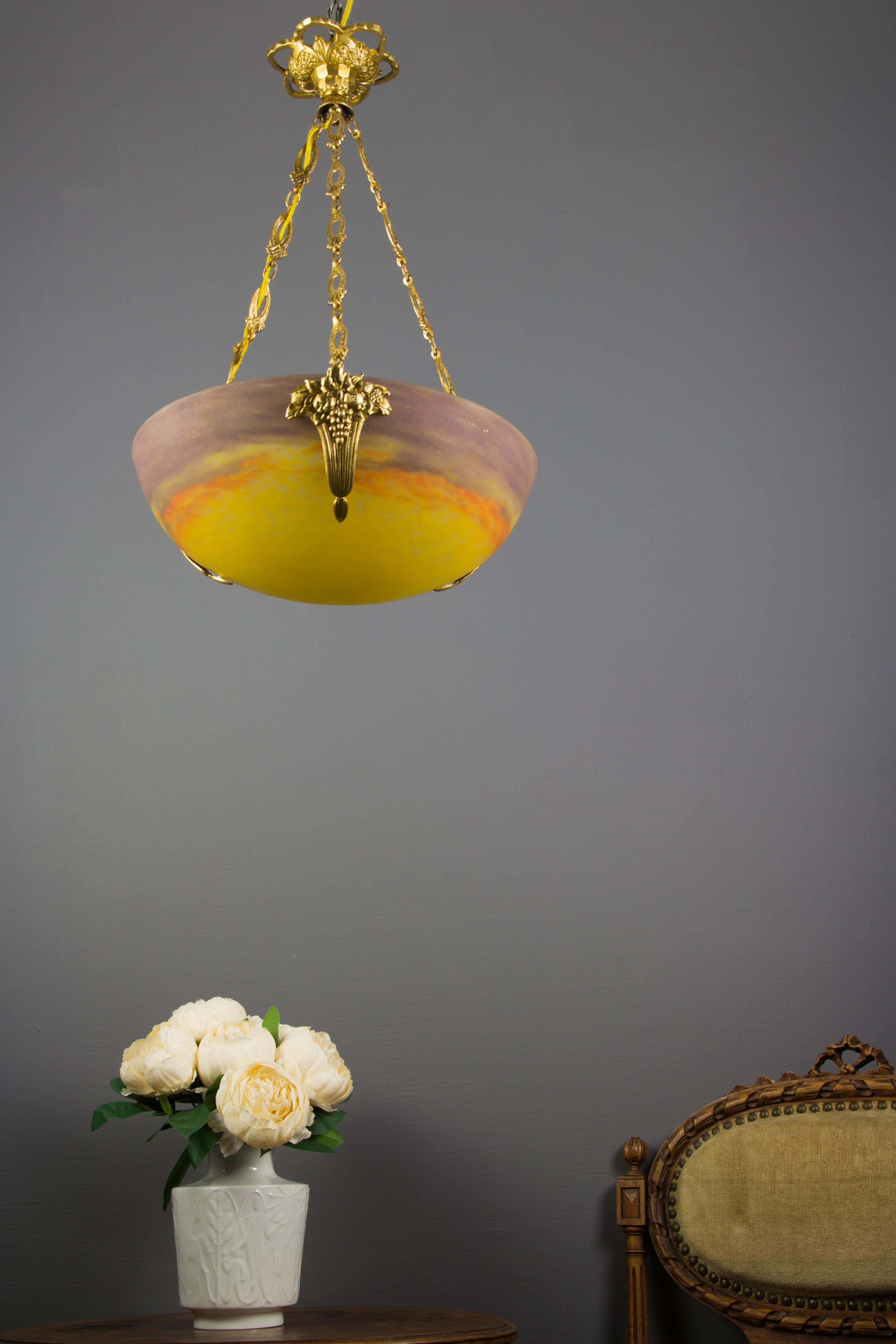 Early 20th Century French Art Nouveau Yellow Glass Bowl Pendant Chandelier by Muller Frères, 1920s