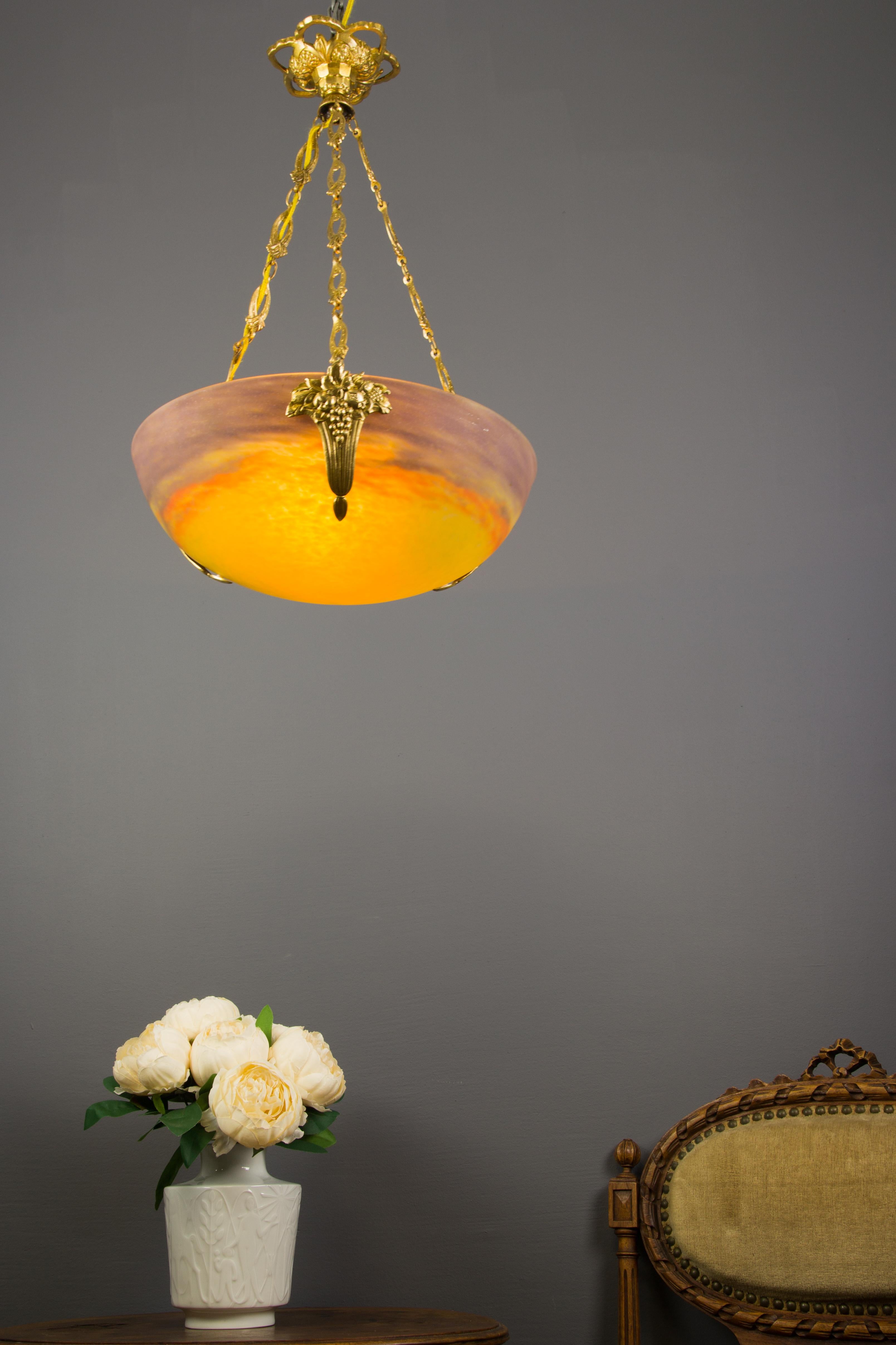 French Art Nouveau Yellow Glass Bowl Pendant Chandelier by Muller Frères, 1920s 1