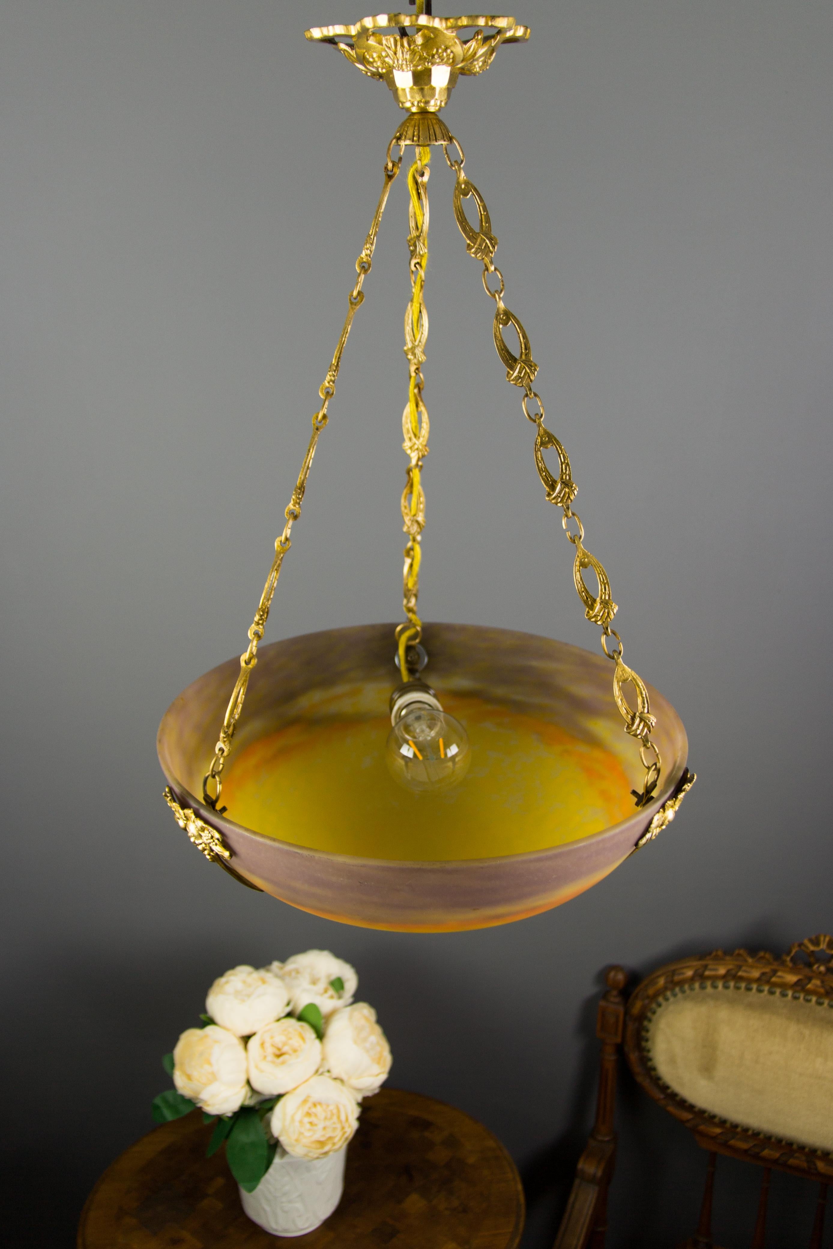French Art Nouveau Yellow Glass Bowl Pendant Chandelier by Muller Frères, 1920s 2