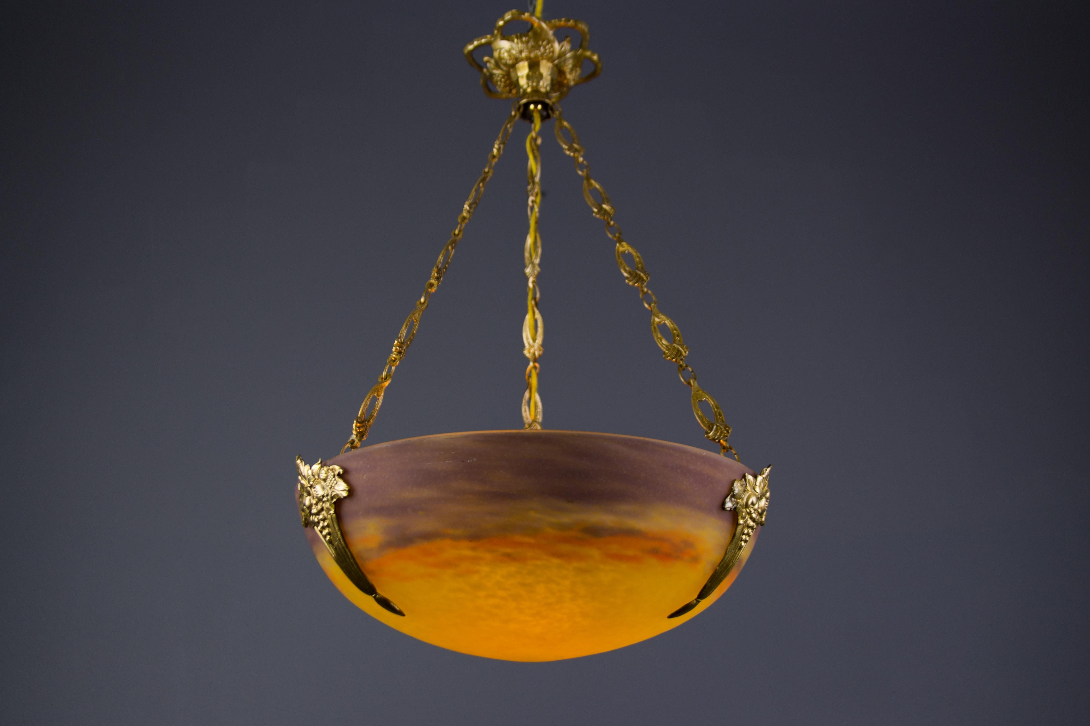 French Art Nouveau Yellow Glass Bowl Pendant Chandelier by Muller Frères, 1920s 3