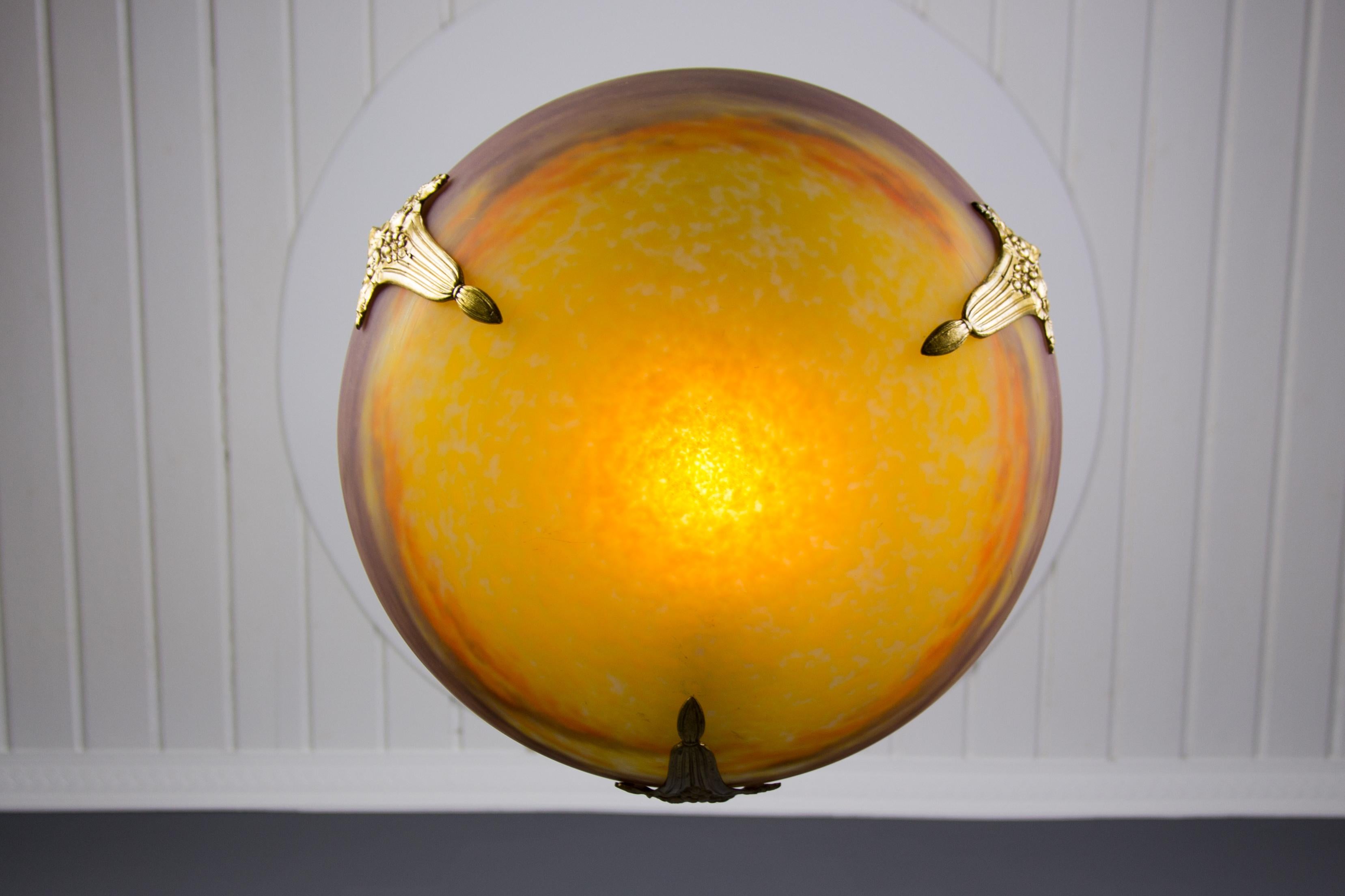 French Art Nouveau Yellow Glass Bowl Pendant Chandelier by Muller Frères, 1920s 4