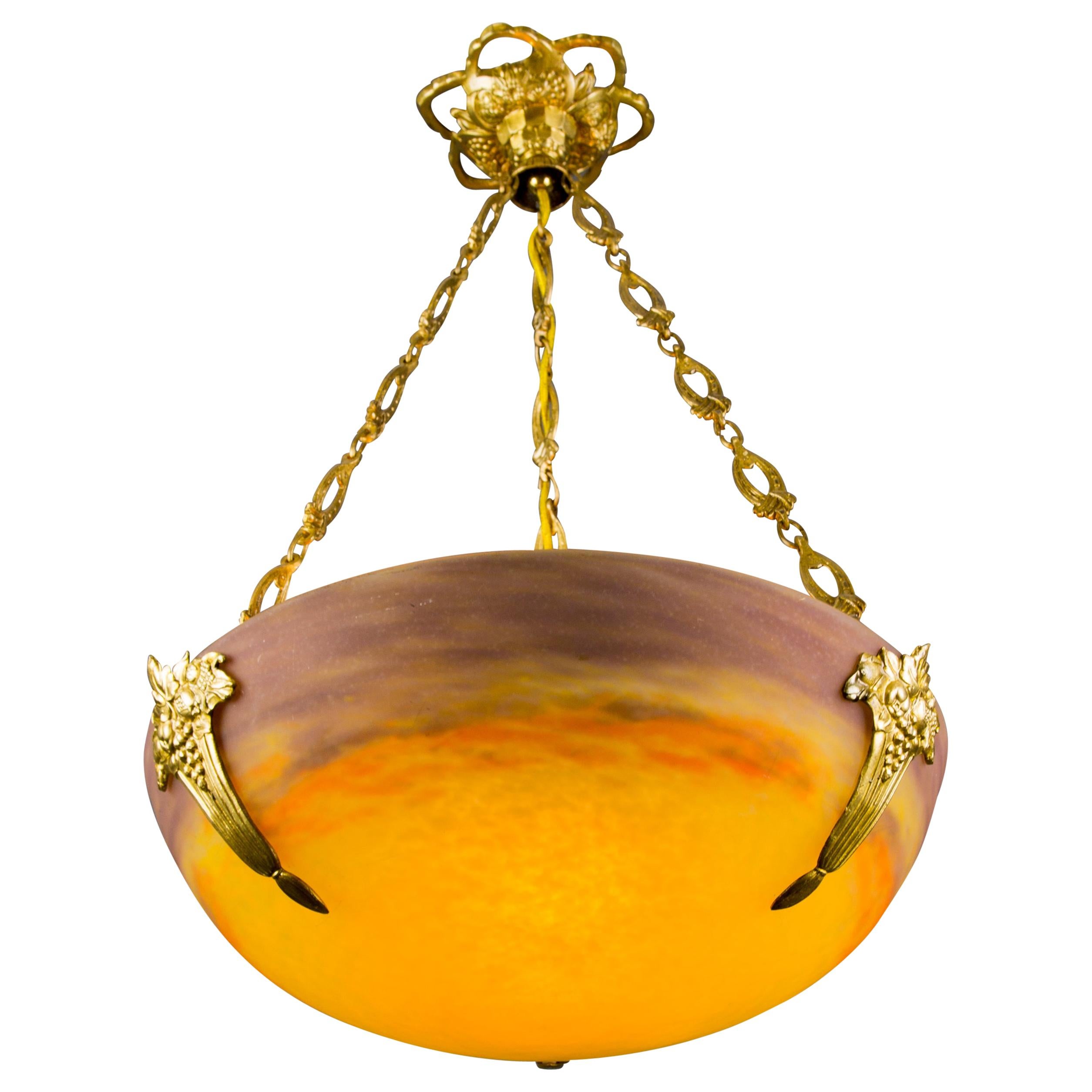 French Art Nouveau Yellow Glass Bowl Pendant Chandelier by Muller Fr�ères, 1920s