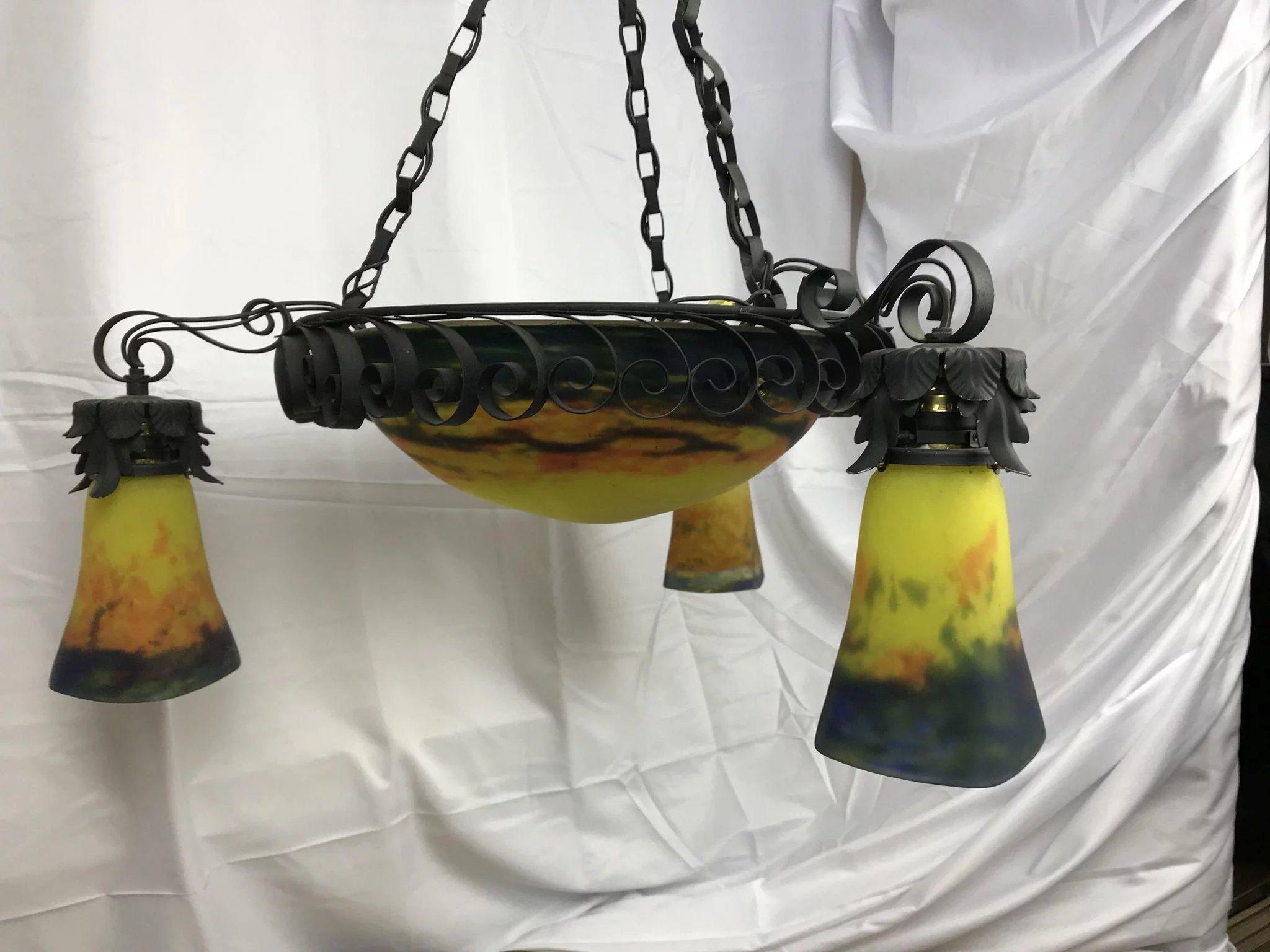 Early 20th Century French Art Nouveau Muller Freres Art Glass Pendant Chandelier Hanging Lamp For Sale