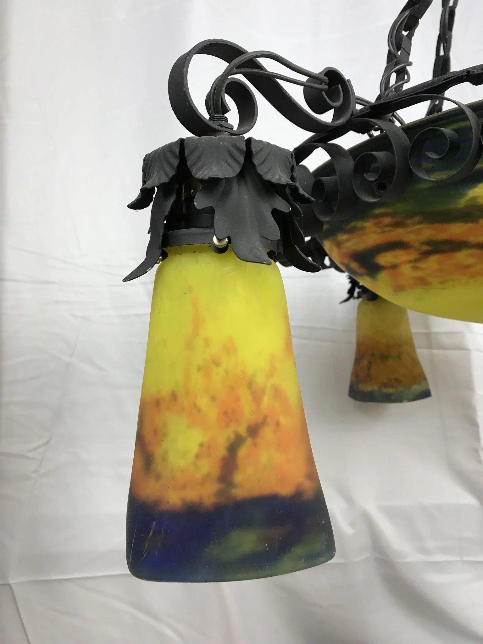 French Art Nouveau Muller Freres Art Glass Pendant Chandelier Hanging Lamp For Sale 3