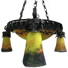 French Art Nouveau Muller Freres Art Glass Pendant Chandelier Hanging Lamp