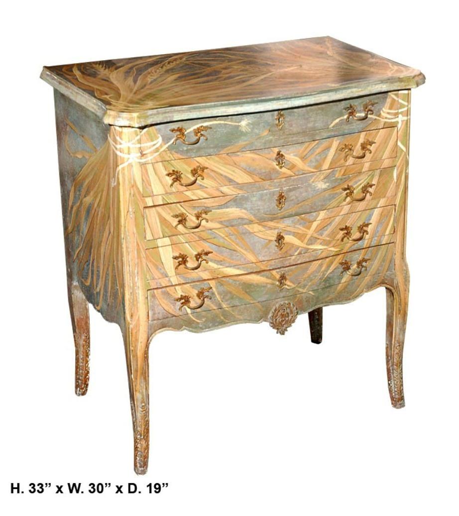 Elaborate French art Noveau style Trompe l'oeil hand painted chest of drawers,
First half of the 20th century.
The serpentine-fronted and moulded top is hand-painted in a fern foliage motif, above five painted drawers mounted with gilt bronze