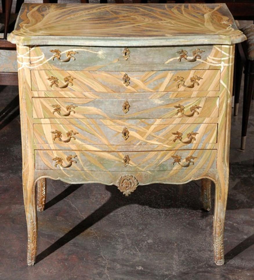 French Art Noveau Style Trompe l'oeil Painted Commode In Good Condition In Cypress, CA