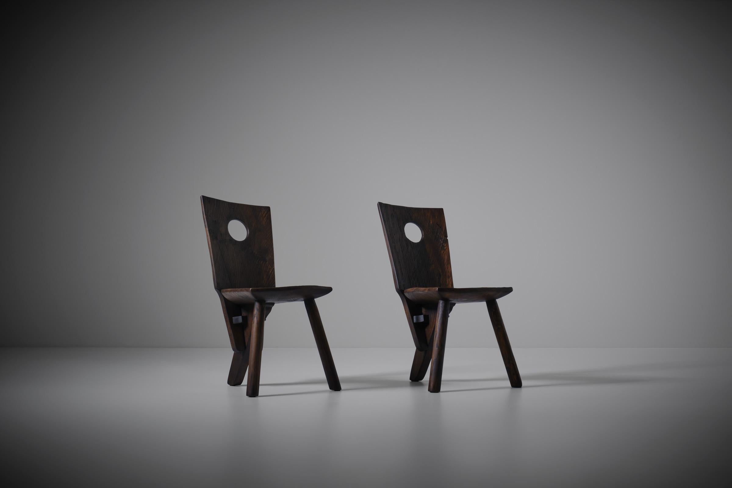 Mid-20th Century French Art Populaire Tripod Chairs, Set of Two For Sale