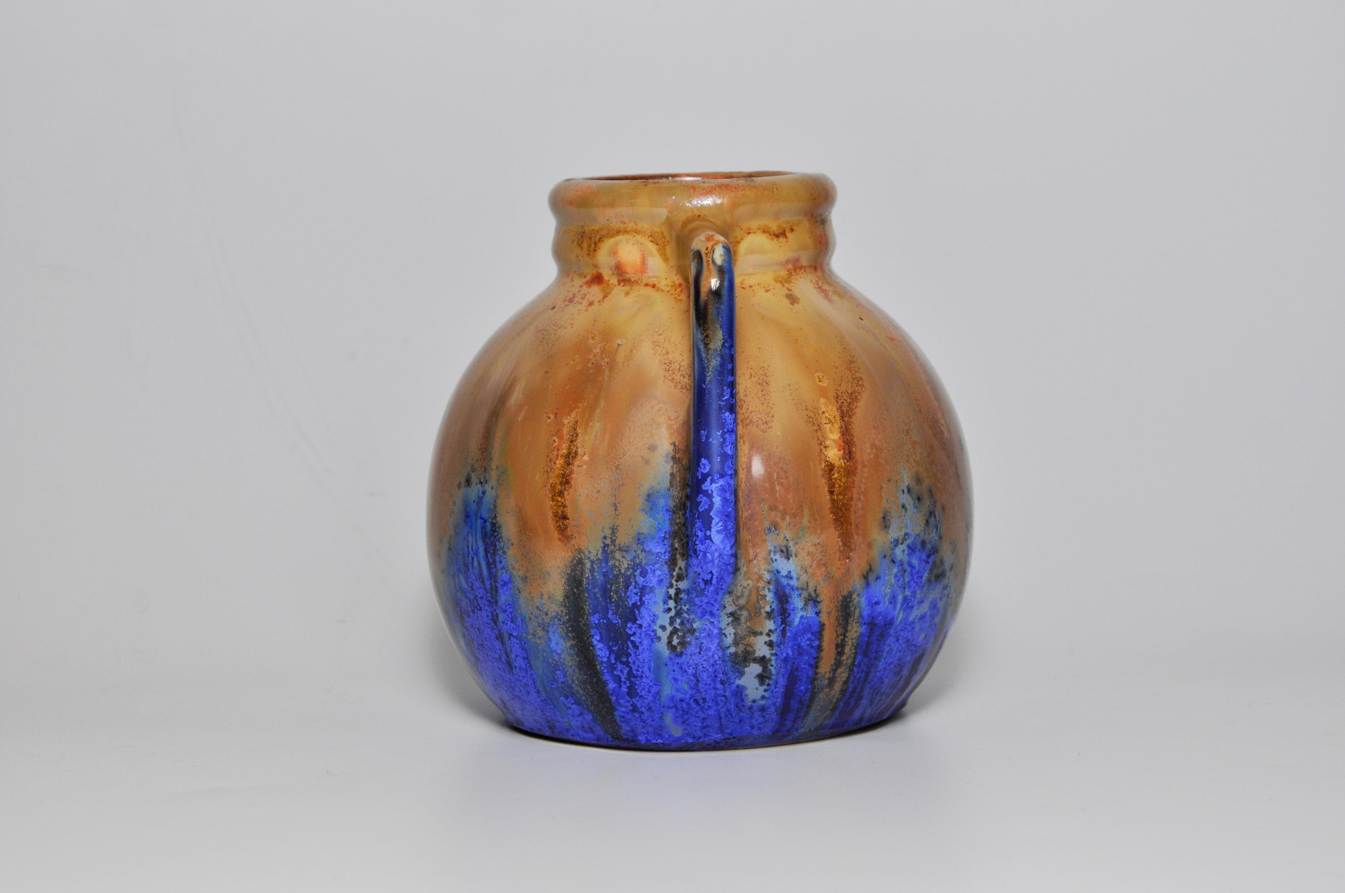 French Art Pottery Metenier Blue Ceramic Vase Pot In Excellent Condition In Belfast, Northern Ireland