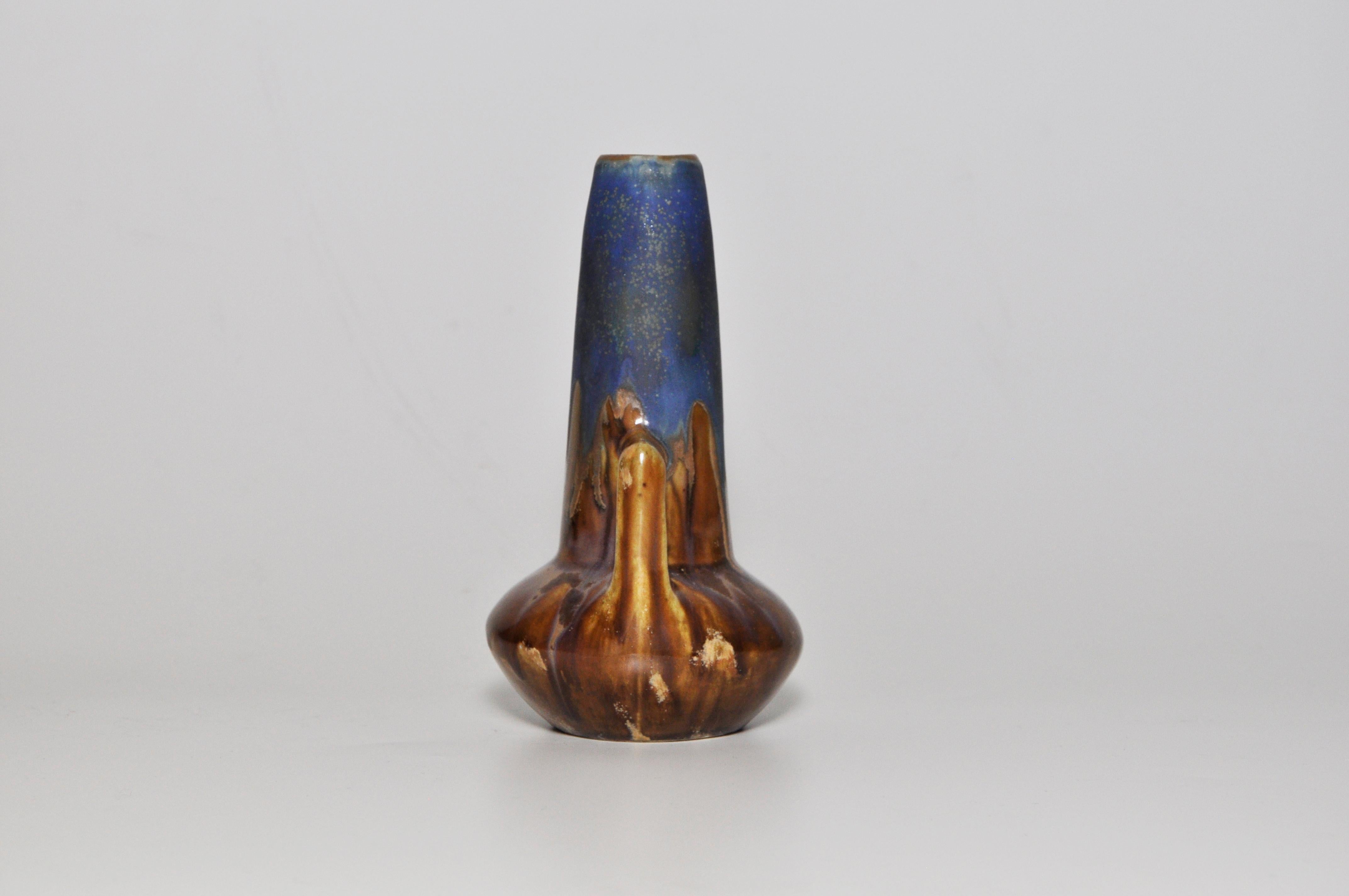 Art Nouveau French Art Pottery Metenier Blue Ceramic Vase Pot For Sale
