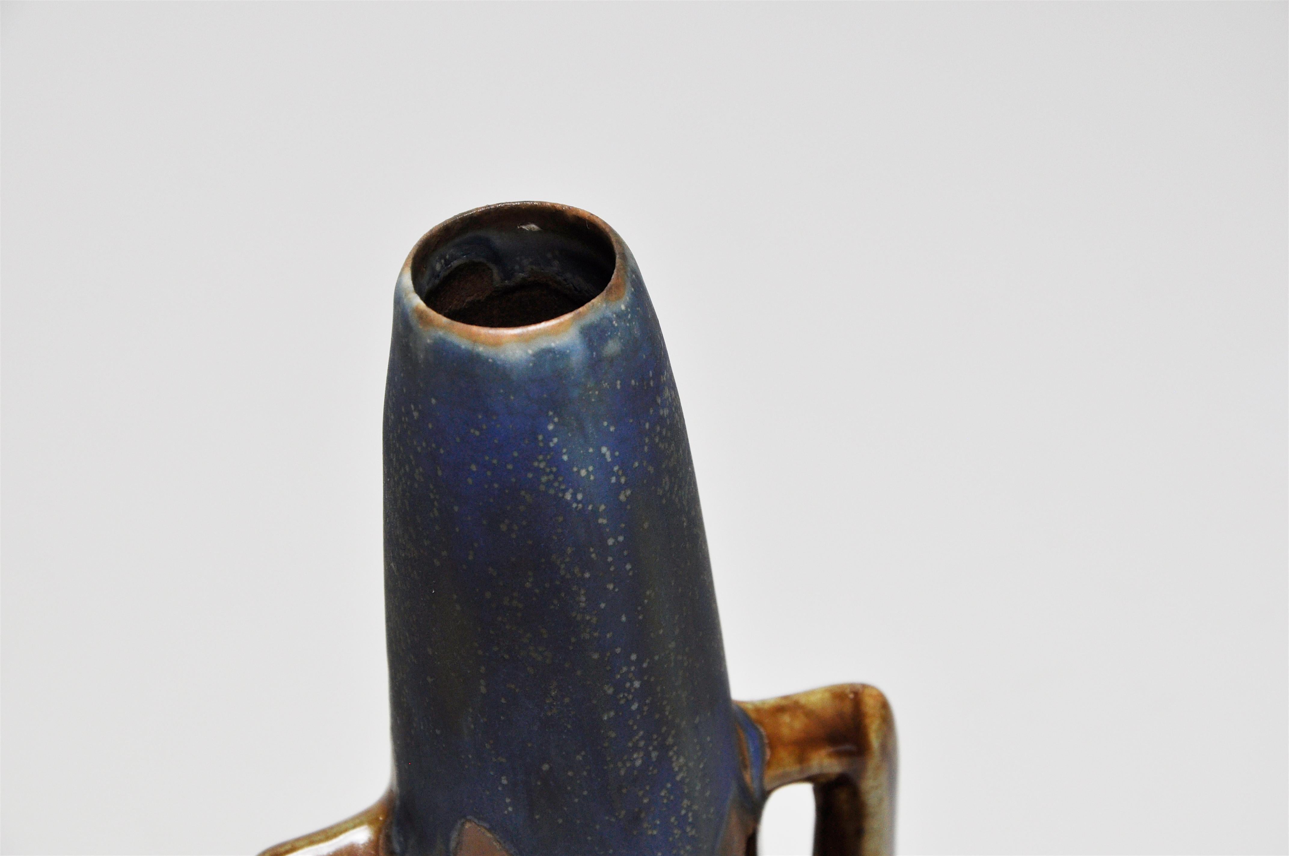 French Art Pottery Metenier Blue Ceramic Vase Pot For Sale 2