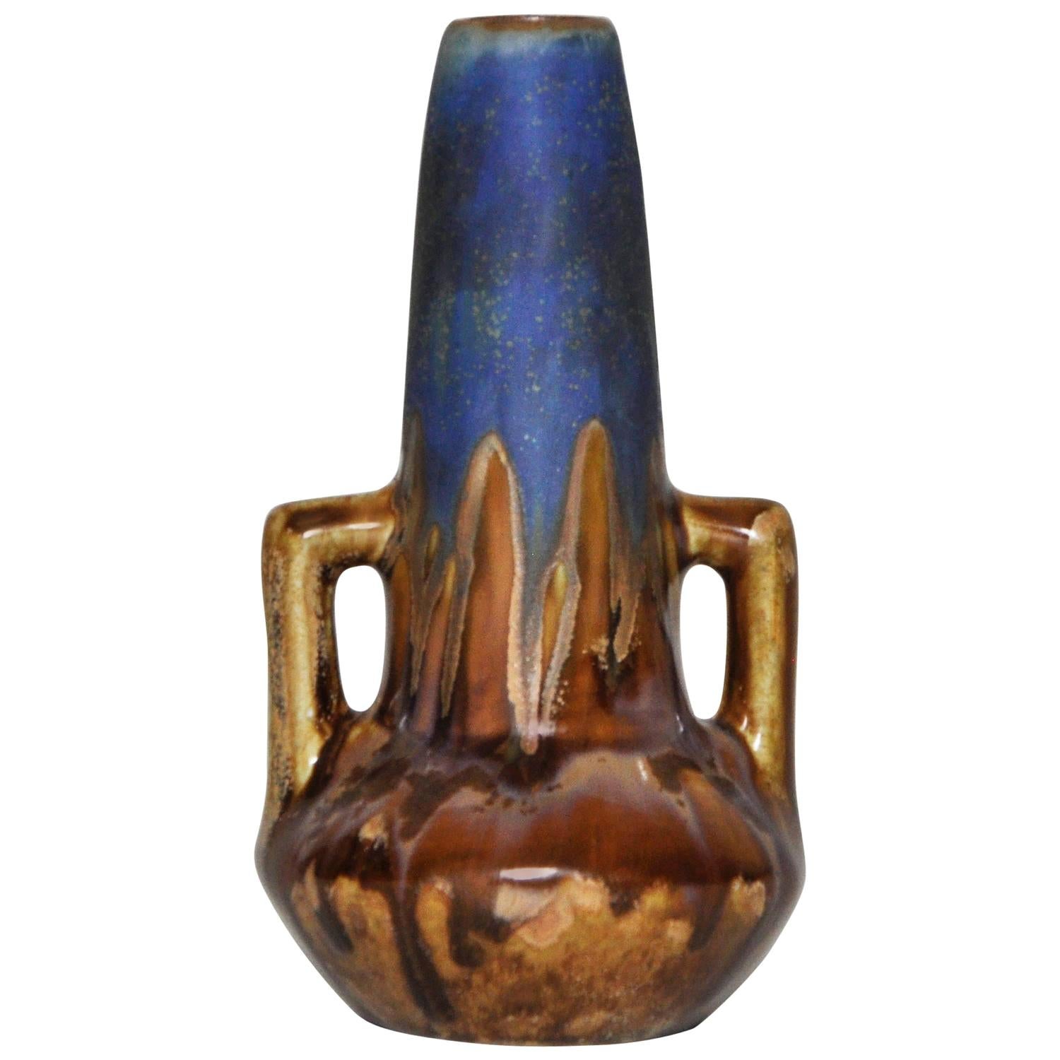 French Art Pottery Metenier Blue Ceramic Vase Pot For Sale