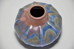 French Art Pottery Metenier Blue Pink Brown Ceramic Vase Pot