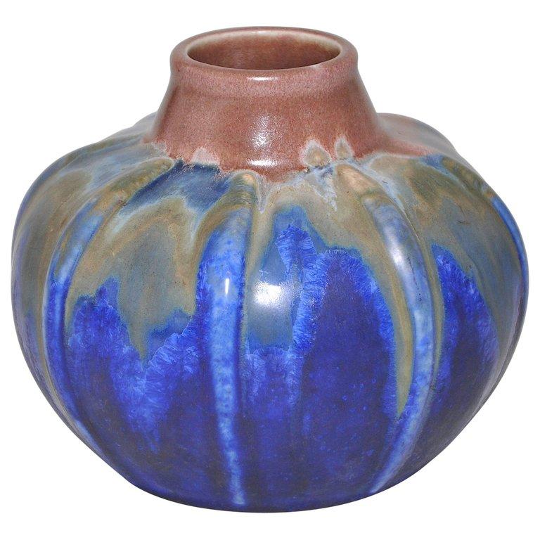 French Art Pottery Metenier Blue Pink Brown Ceramic Vase Pot