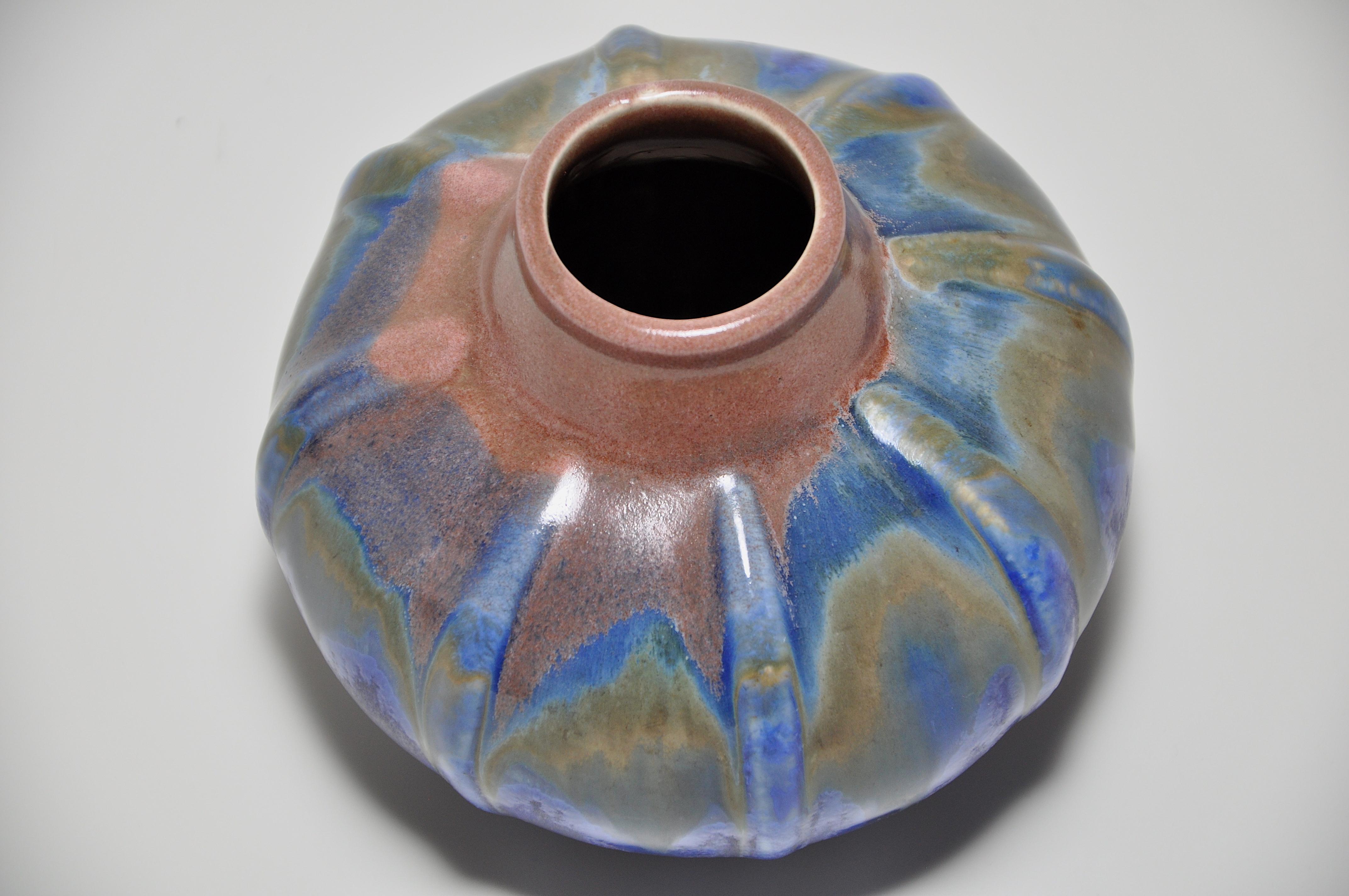 French Art Pottery Metenier Blue Pink Brown Ceramic Vase Pot For Sale ...
