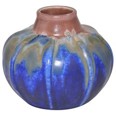 Antique French Art Pottery Metenier Blue Pink Brown Ceramic Vase Pot