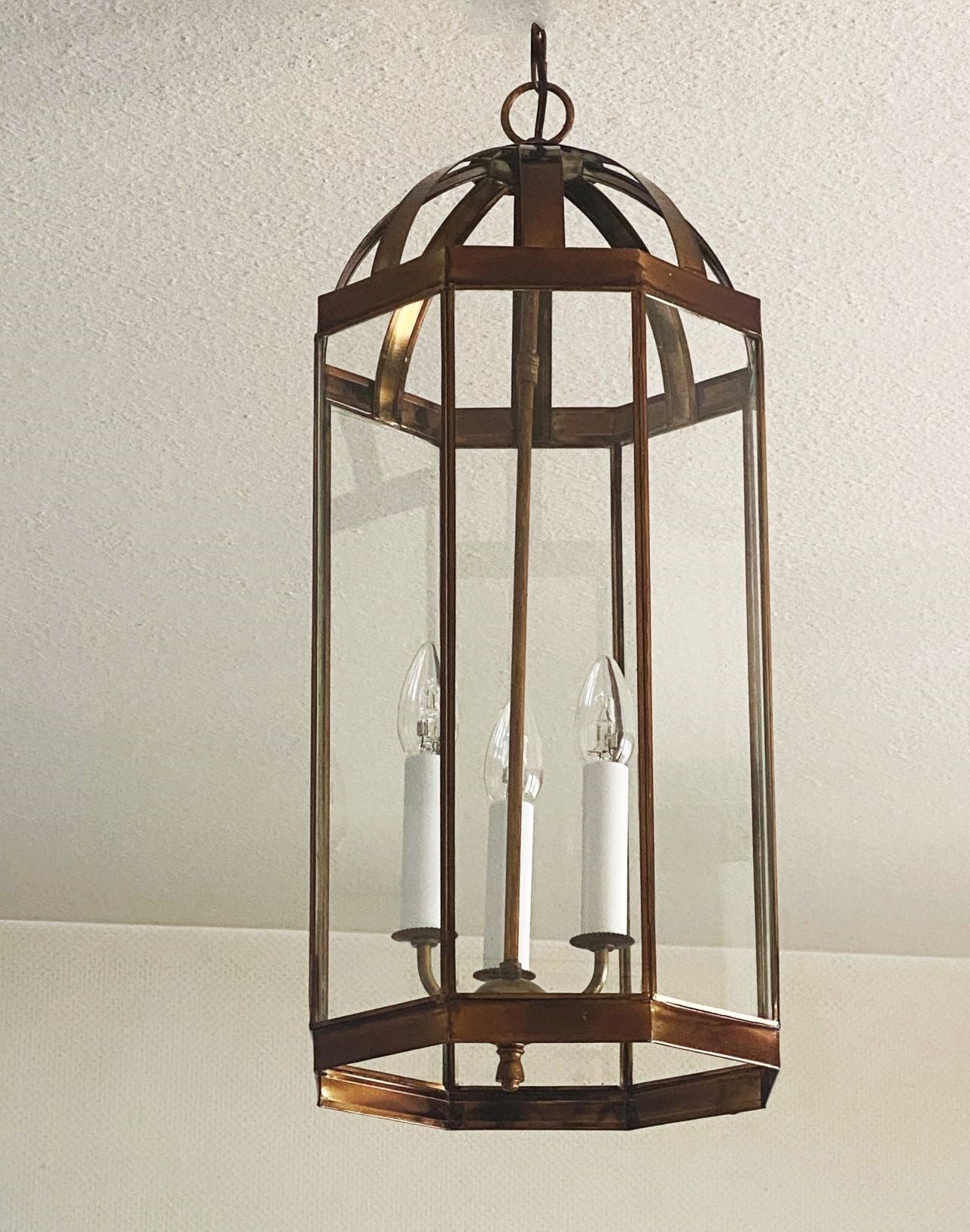 Lanterne à huit faces en laiton patiné et verre transparent Art Déco français, années 1930