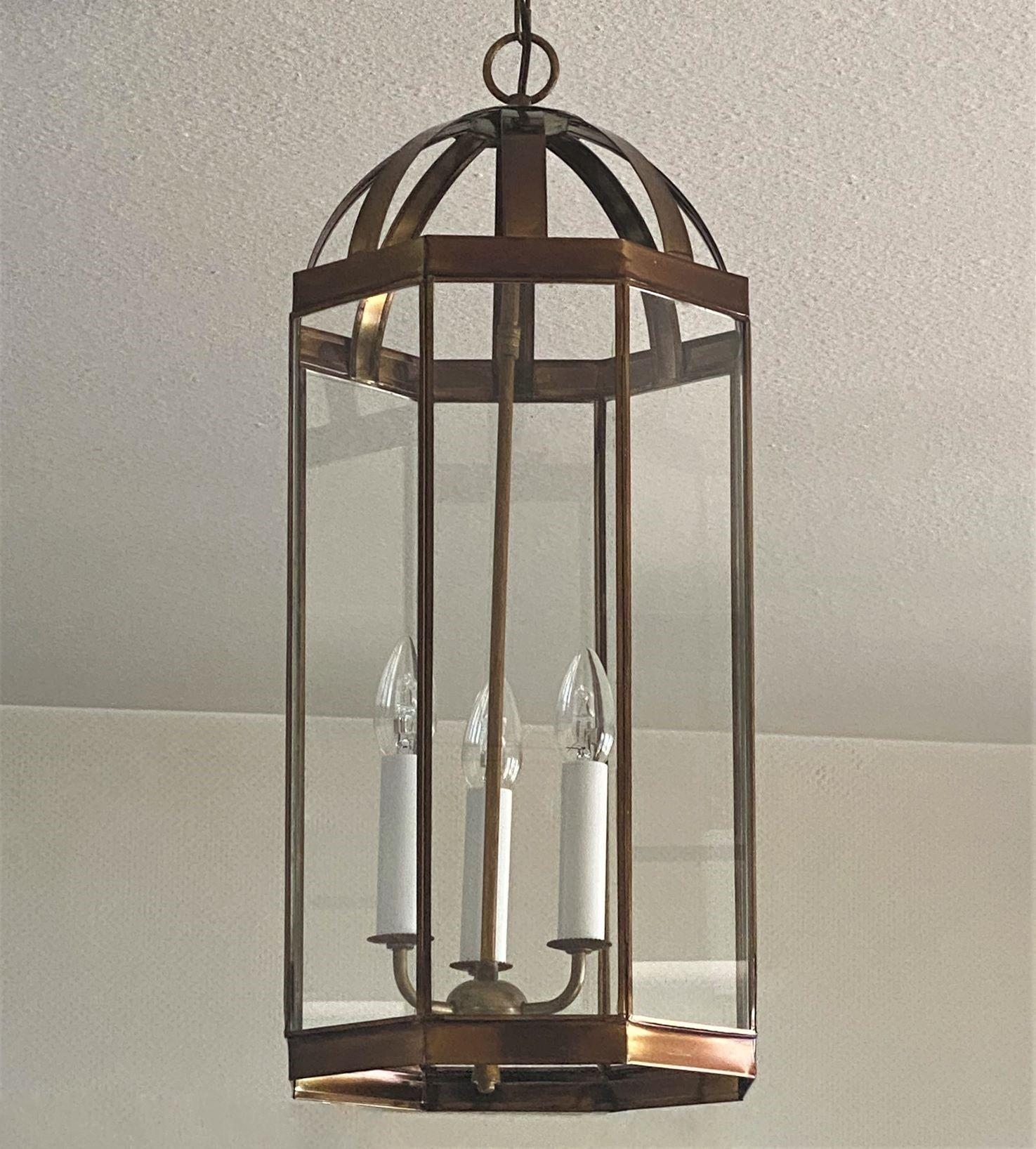 Art Deco French Arte Deco Patinated Brass Clear Glass Eight-Sided Lantern, 1930s For Sale