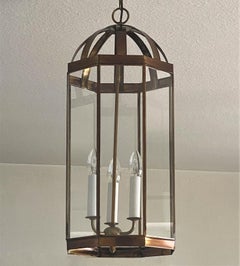French Arte Deco Patinated Brass Clear Glass Eight-Sided Lantern, 1930s