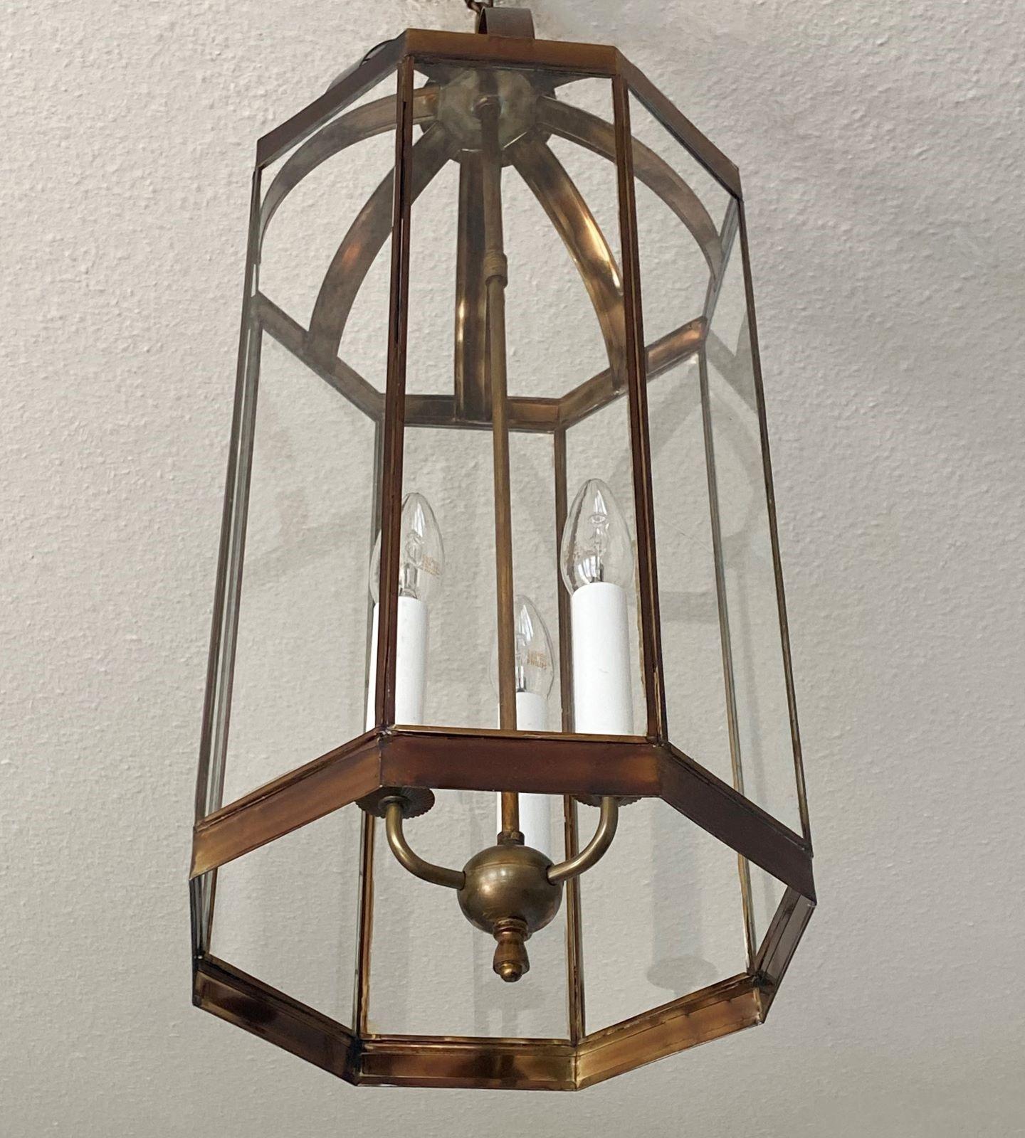 Polychromed French Arte Deco Patinated Brass Clear Glass Eight-Sided Lantern, 1930s For Sale