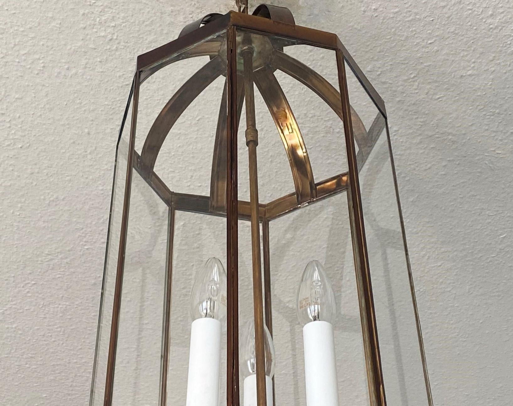 French Arte Deco Patinated Brass Clear Glass Eight-Sided Lantern, 1930s In Good Condition For Sale In Frankfurt am Main, DE