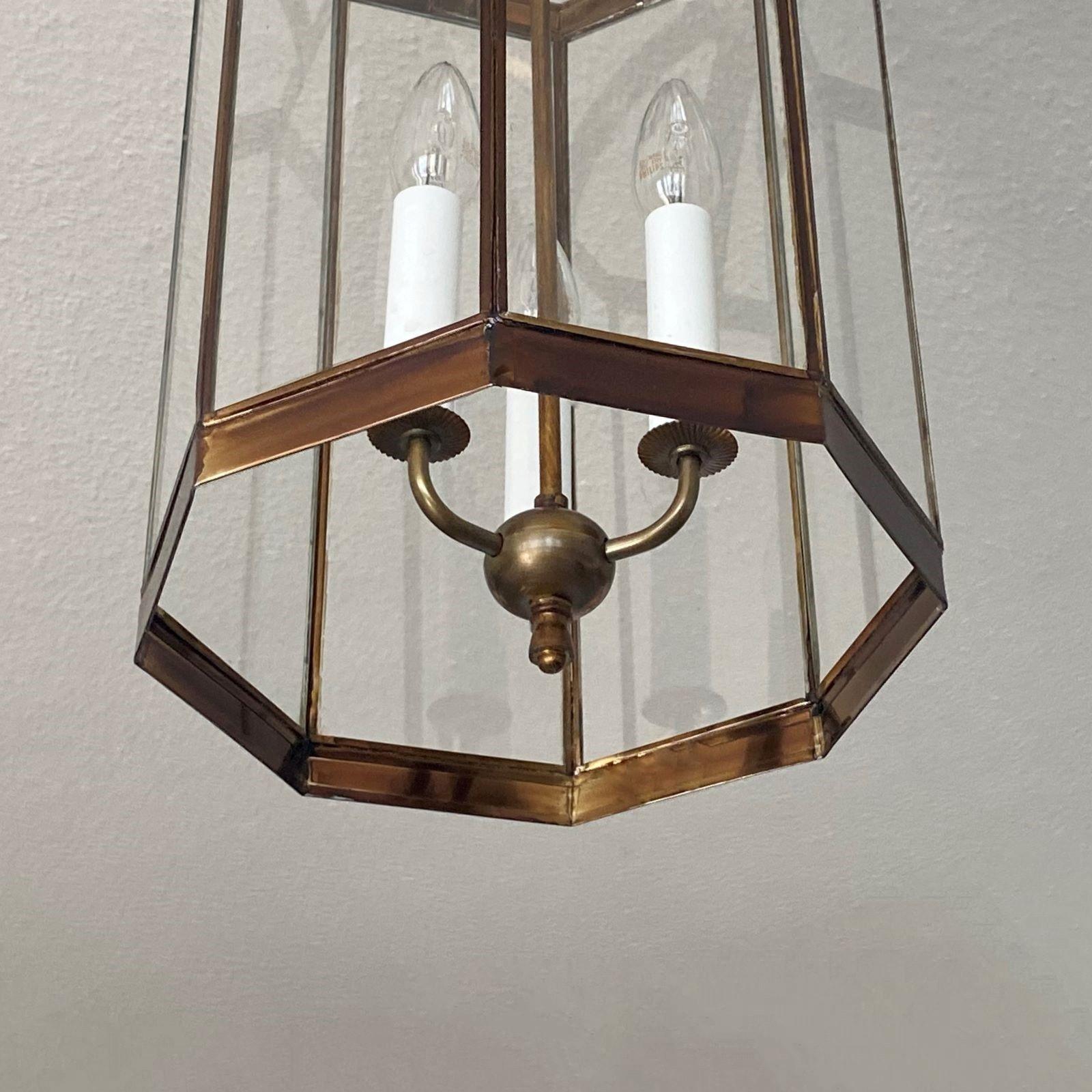 Mid-20th Century French Arte Deco Patinated Brass Clear Glass Eight-Sided Lantern, 1930s For Sale