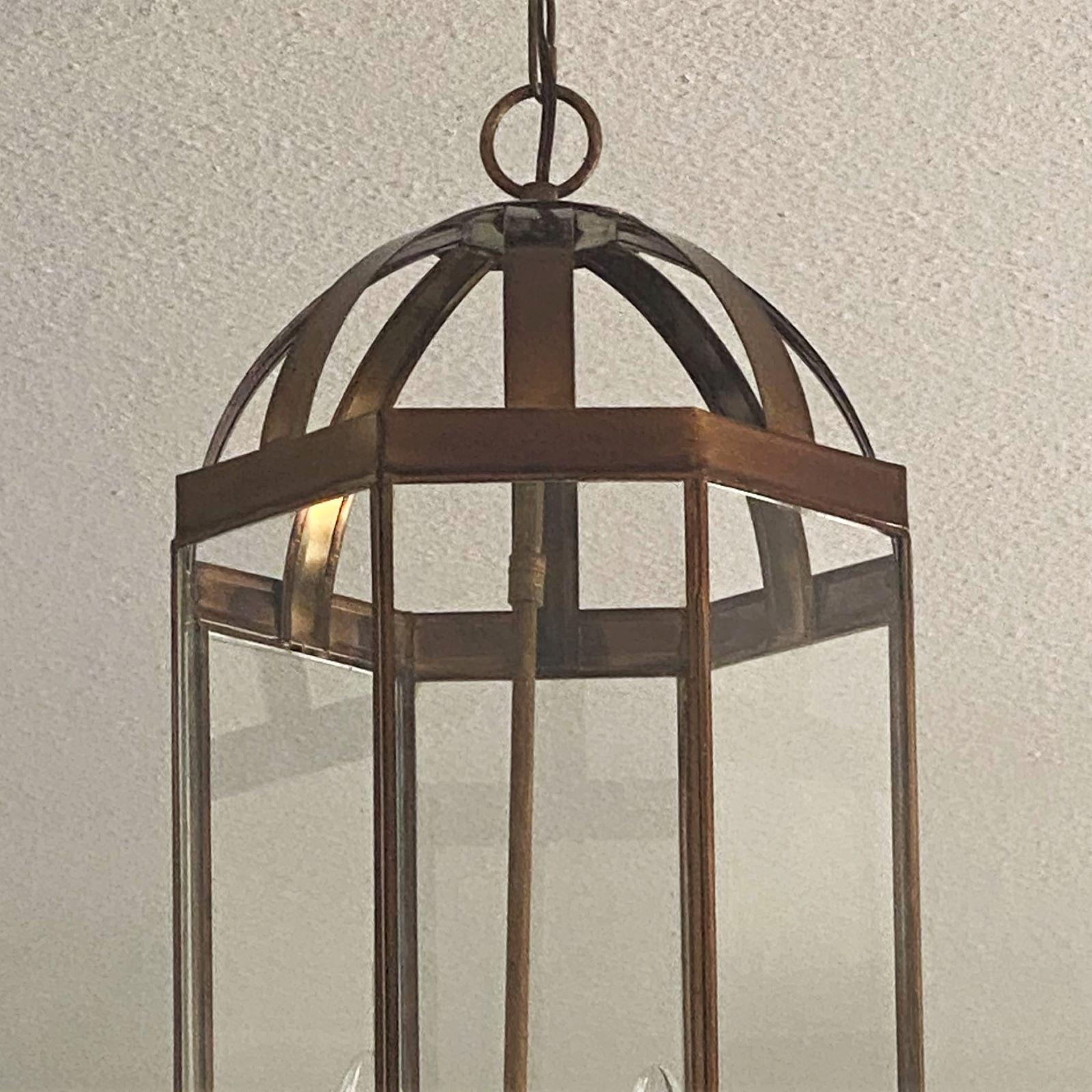 French Arte Deco Patinated Brass Clear Glass Eight-Sided Lantern, 1930s For Sale 2