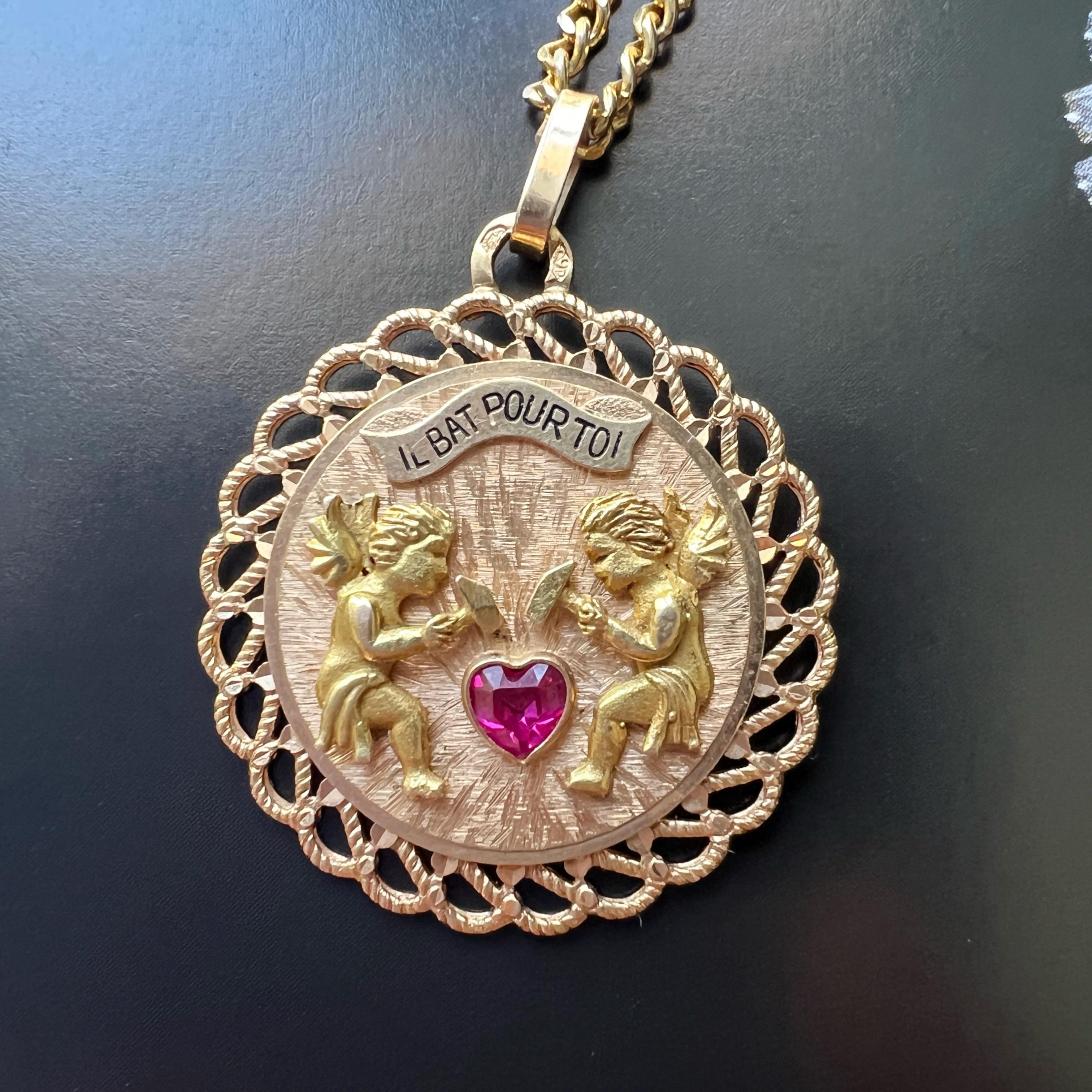 Art Deco French articulated 18K gold “my heart beats for you” medal pendant