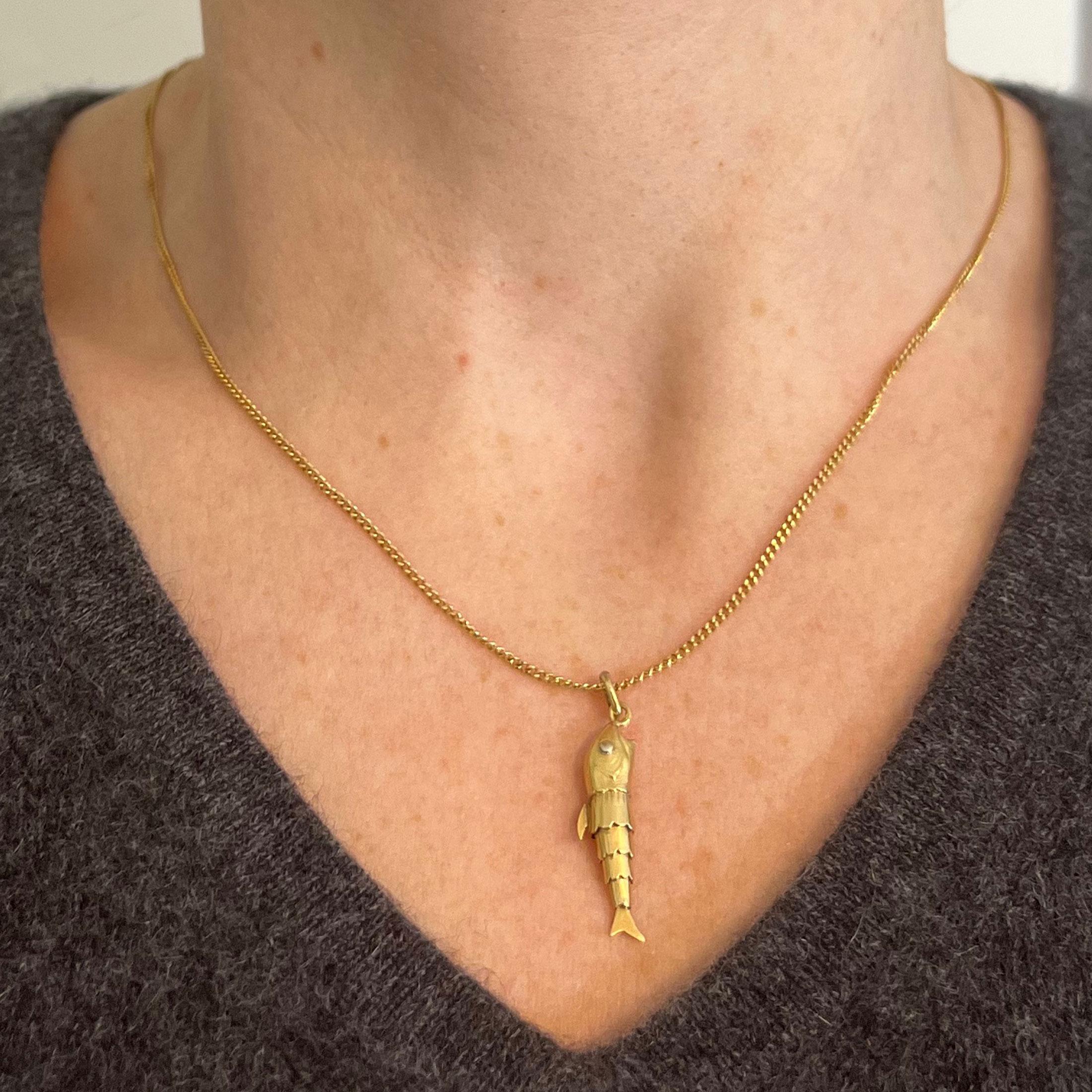 Women's or Men's French Articulated Fish 18K Yellow Gold White Gold Charm Pendant