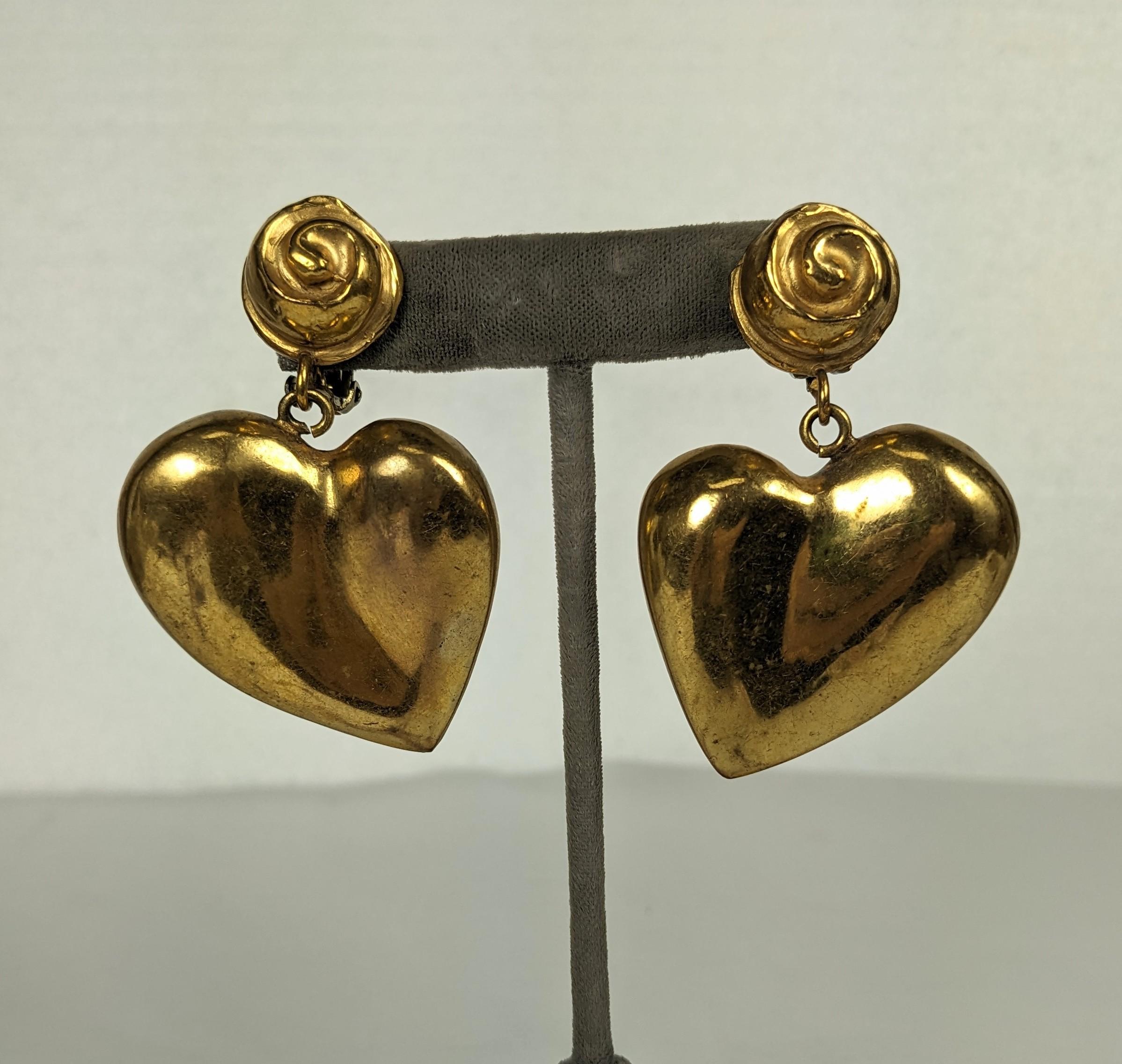 Charming French Bronze Heart Earrings with rose bud tops from the 1980's. Handmade with clip back fittings in the Line Vautrin style. 
2.5