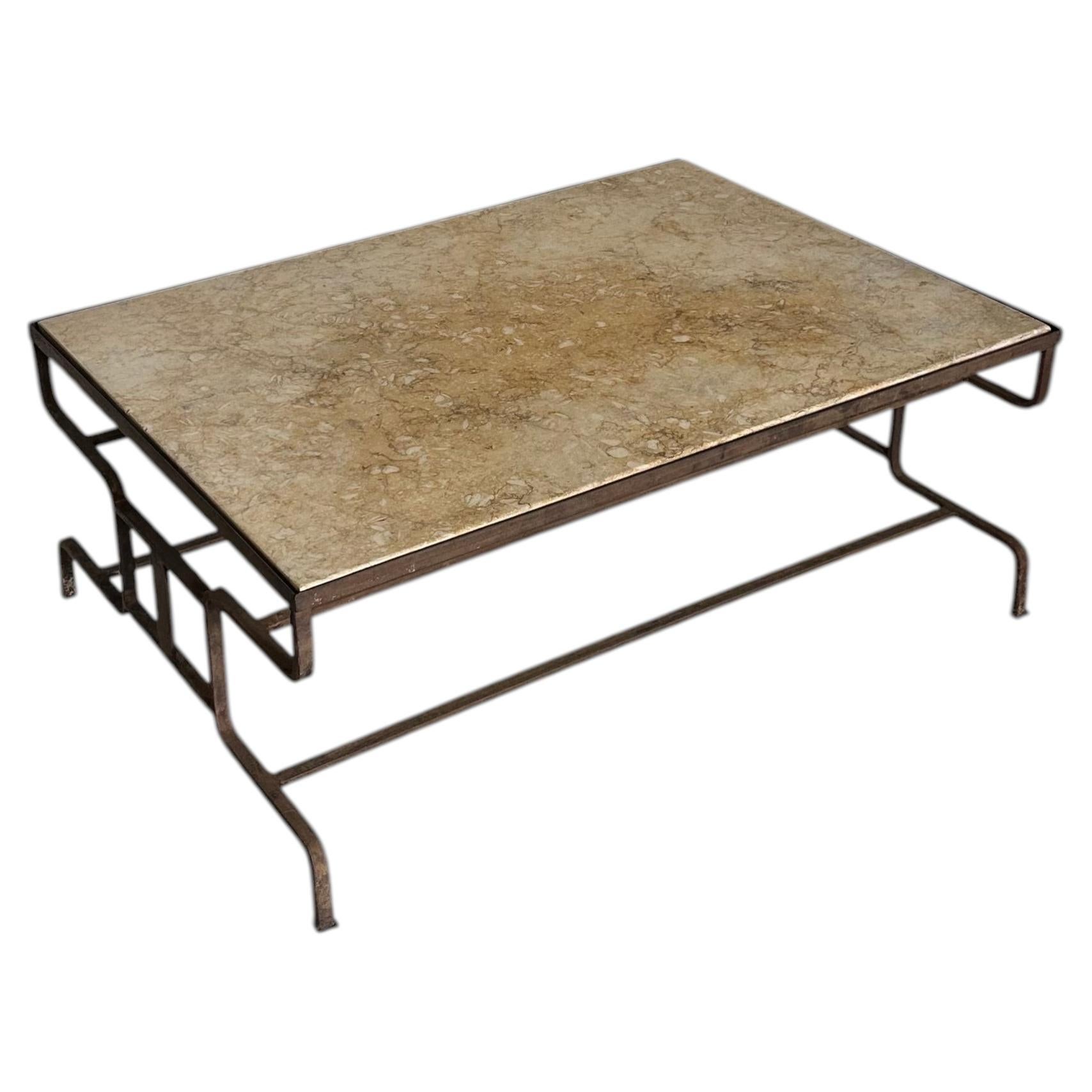 French Artisan Coffee Table in Wrought Iron and Travertine, 1920s