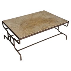 French Artisan Coffee Table in Wrought Iron and Travertine, 1920s