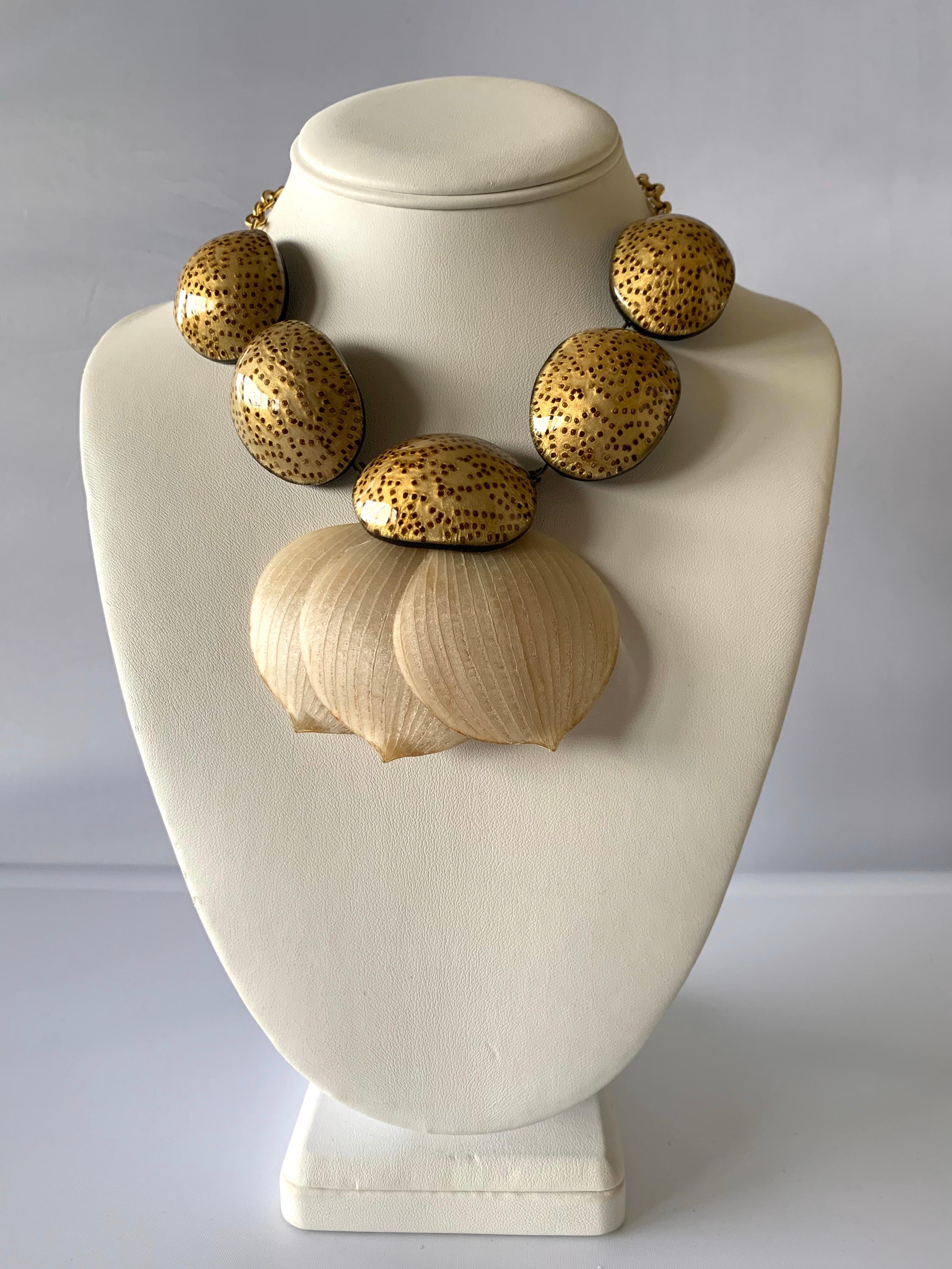 Contemporary French Artisan Gilt Leaves Statement Necklace In Excellent Condition In Palm Springs, CA