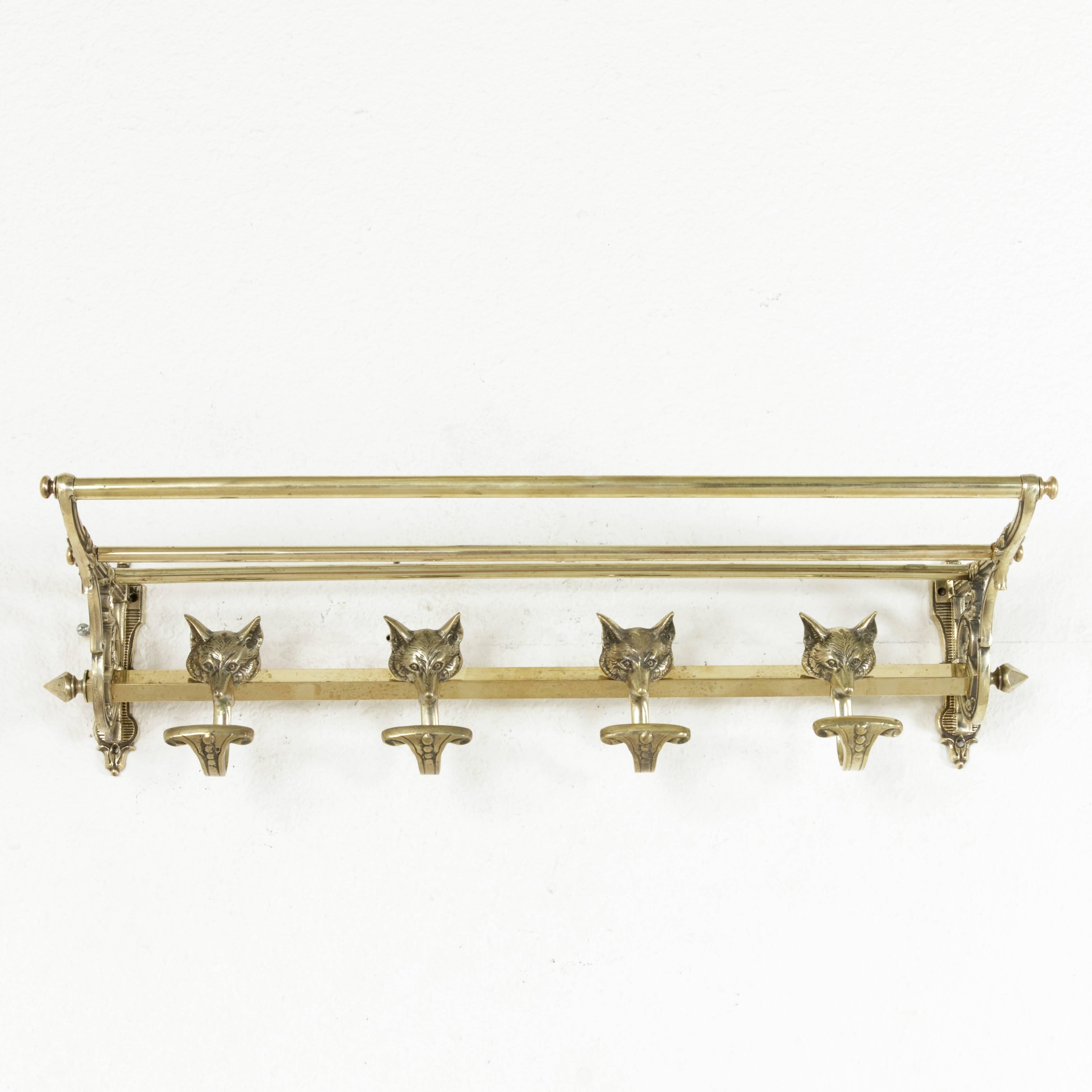 French Artisan-Made Brass Hat and Coat Rack with Four Hooks Featuring Fox Heads In Excellent Condition In Fayetteville, AR