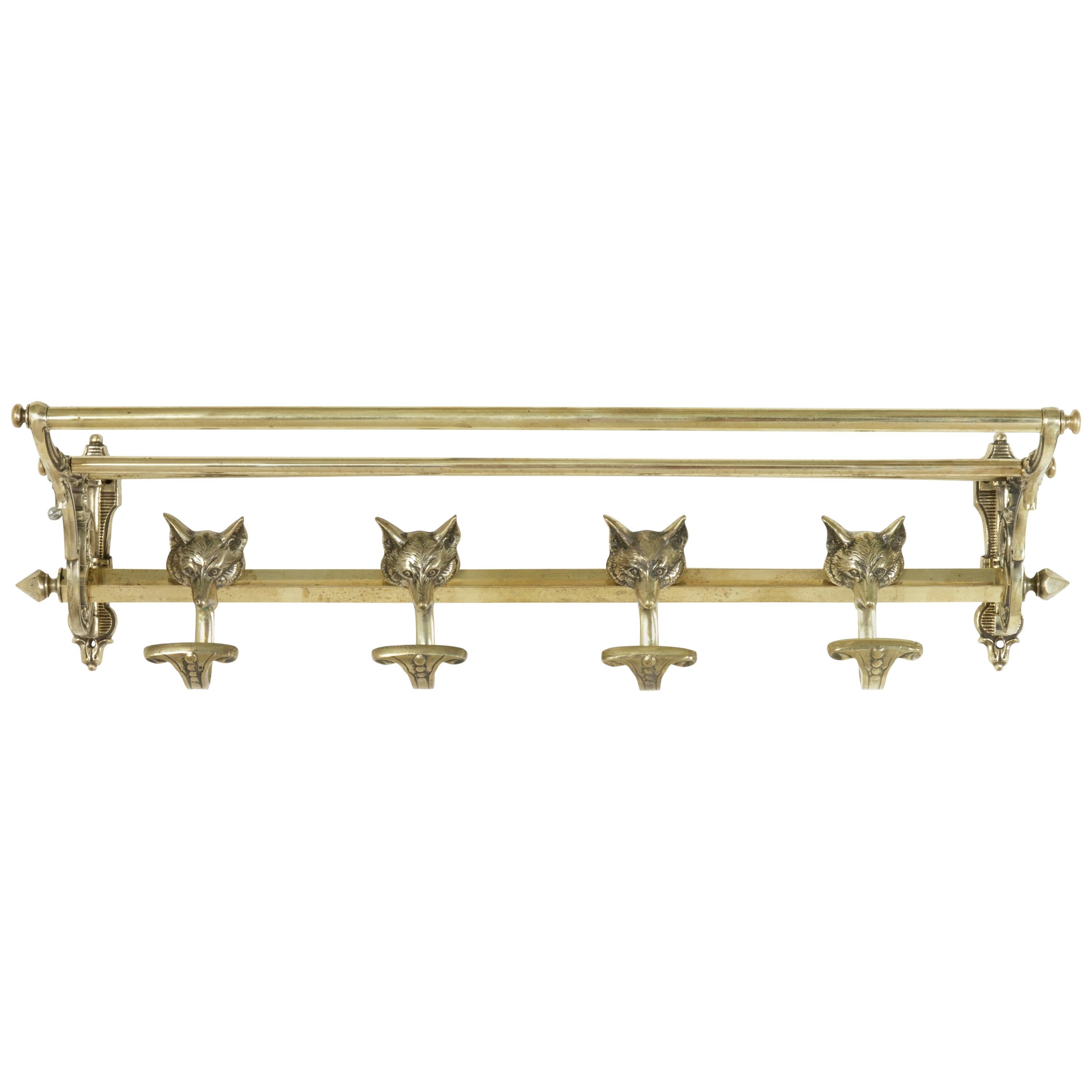 French Artisan-Made Brass Hat and Coat Rack with Four Hooks Featuring Fox Heads