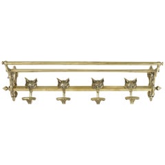 Vintage French Artisan-Made Brass Hat and Coat Rack with Four Hooks Featuring Fox Heads