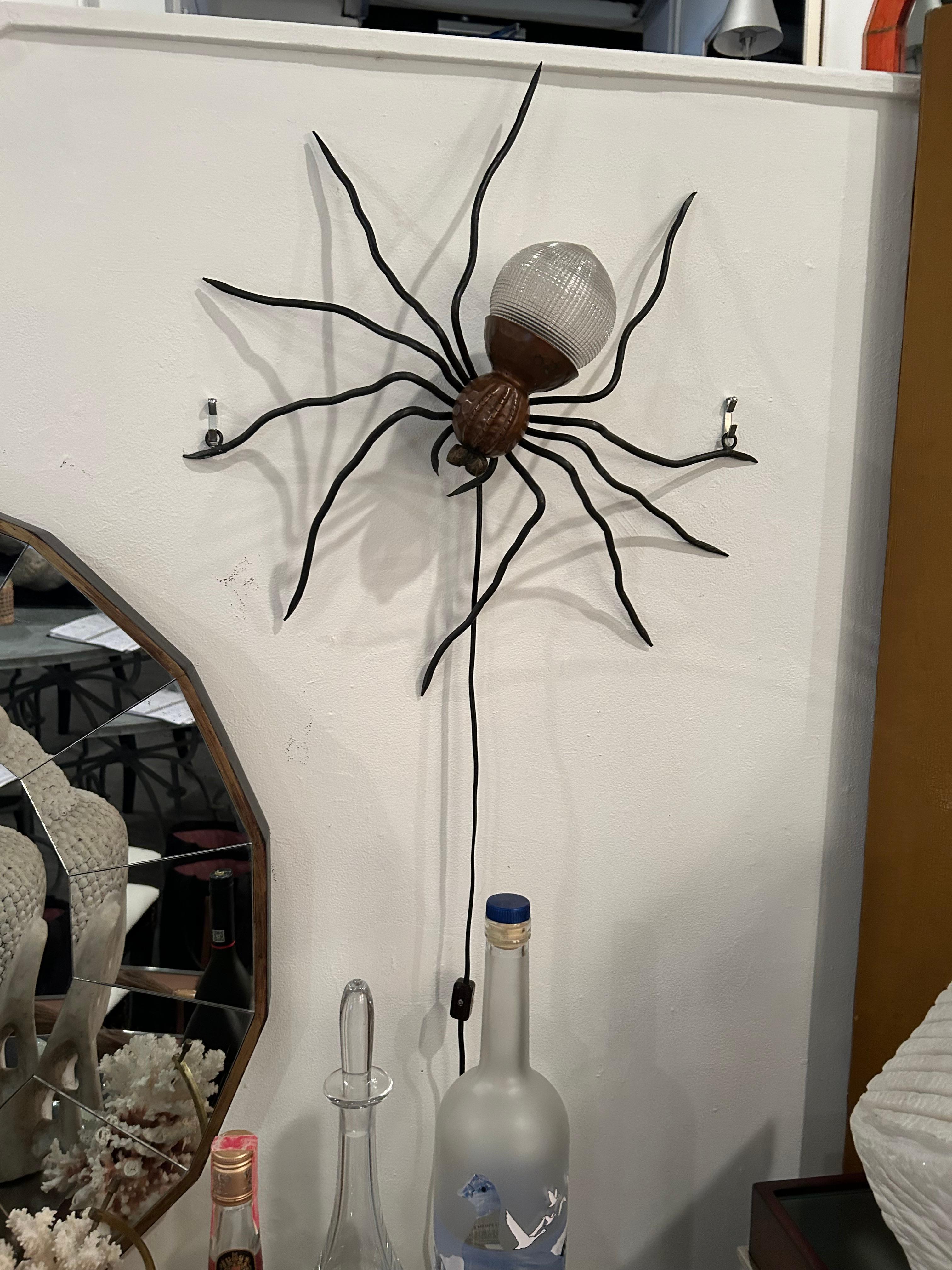 Mid-20th Century French Artisan Made Iron Copper & Ribbed Glass Spider Sconce For Sale