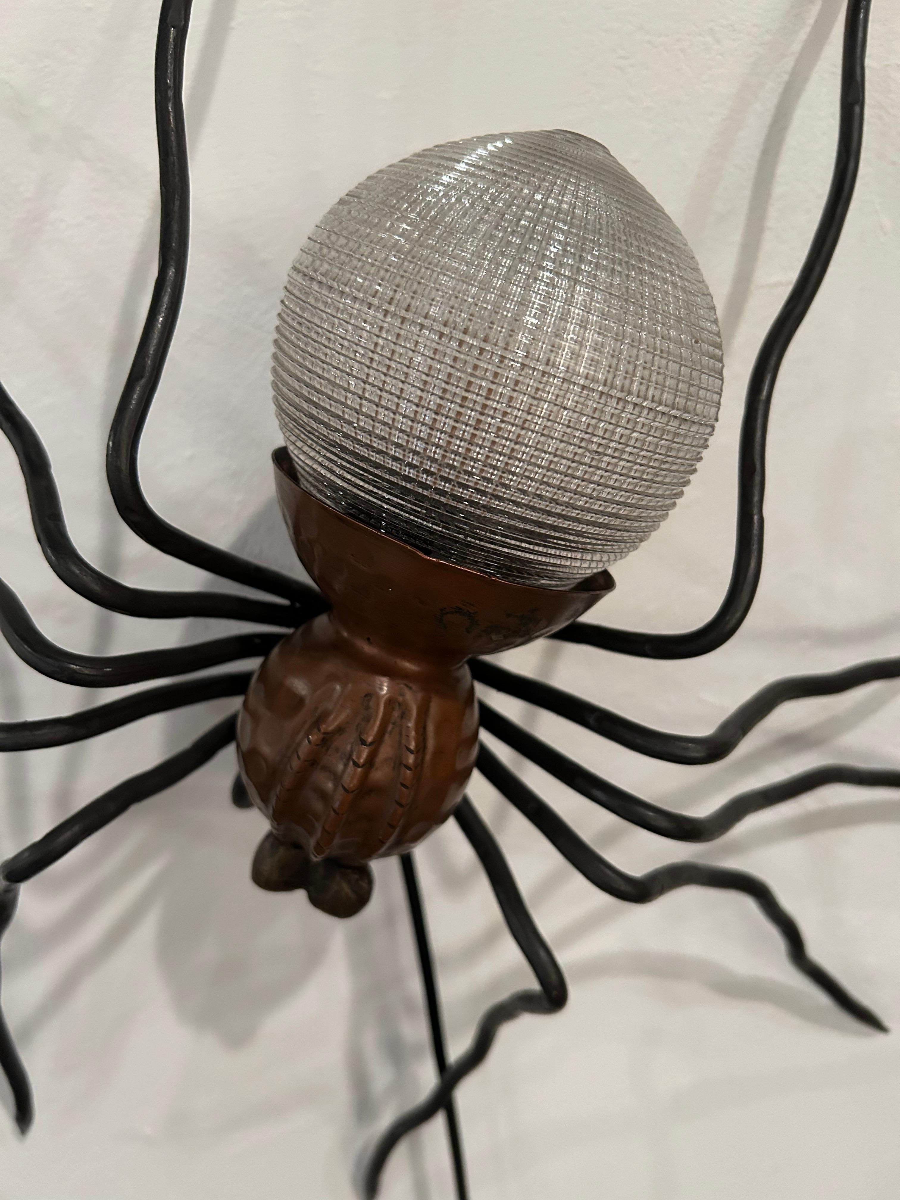French Artisan Made Iron Copper & Ribbed Glass Spider Sconce For Sale 1