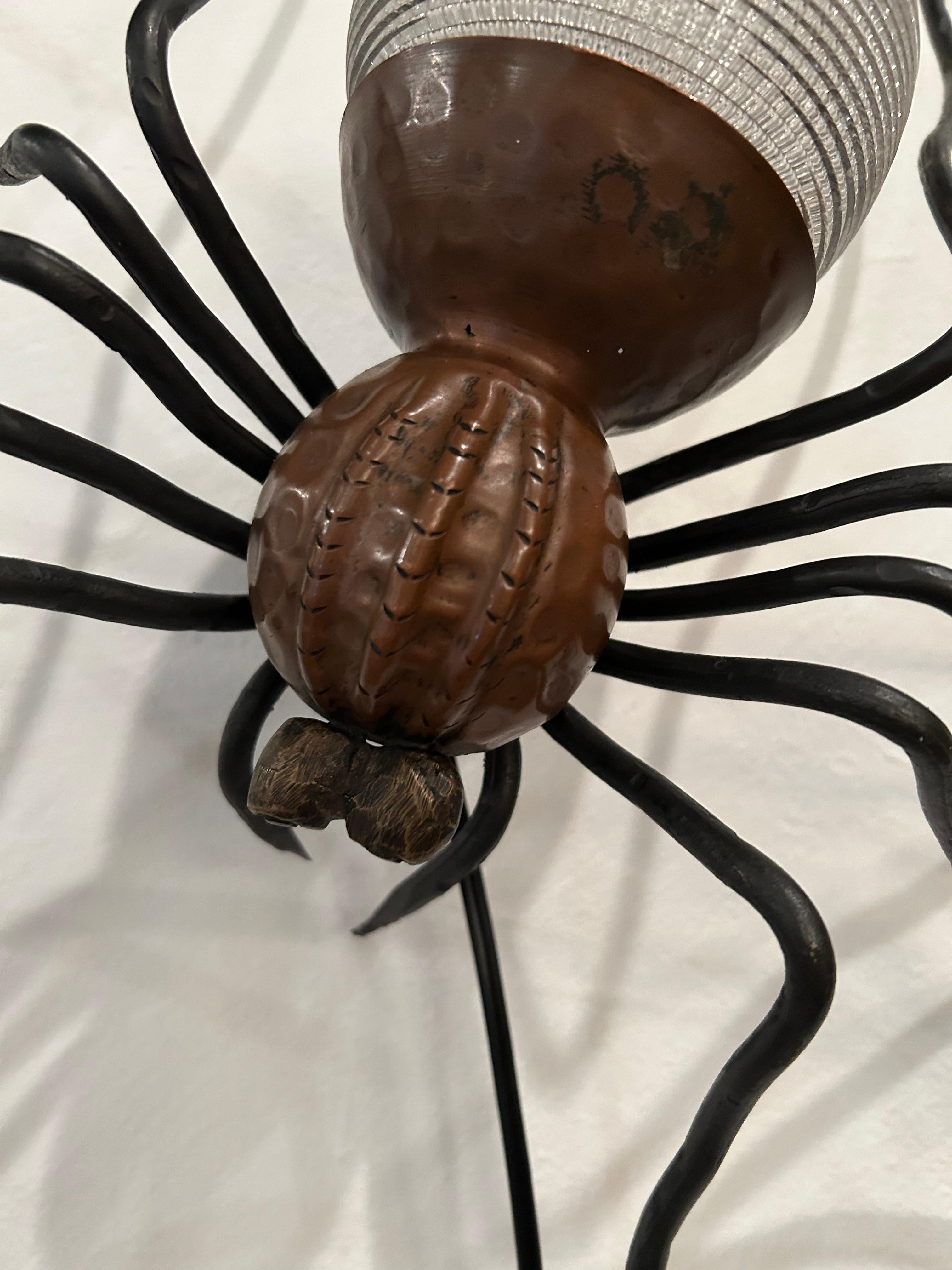French Artisan Made Iron Copper & Ribbed Glass Spider Sconce For Sale 2
