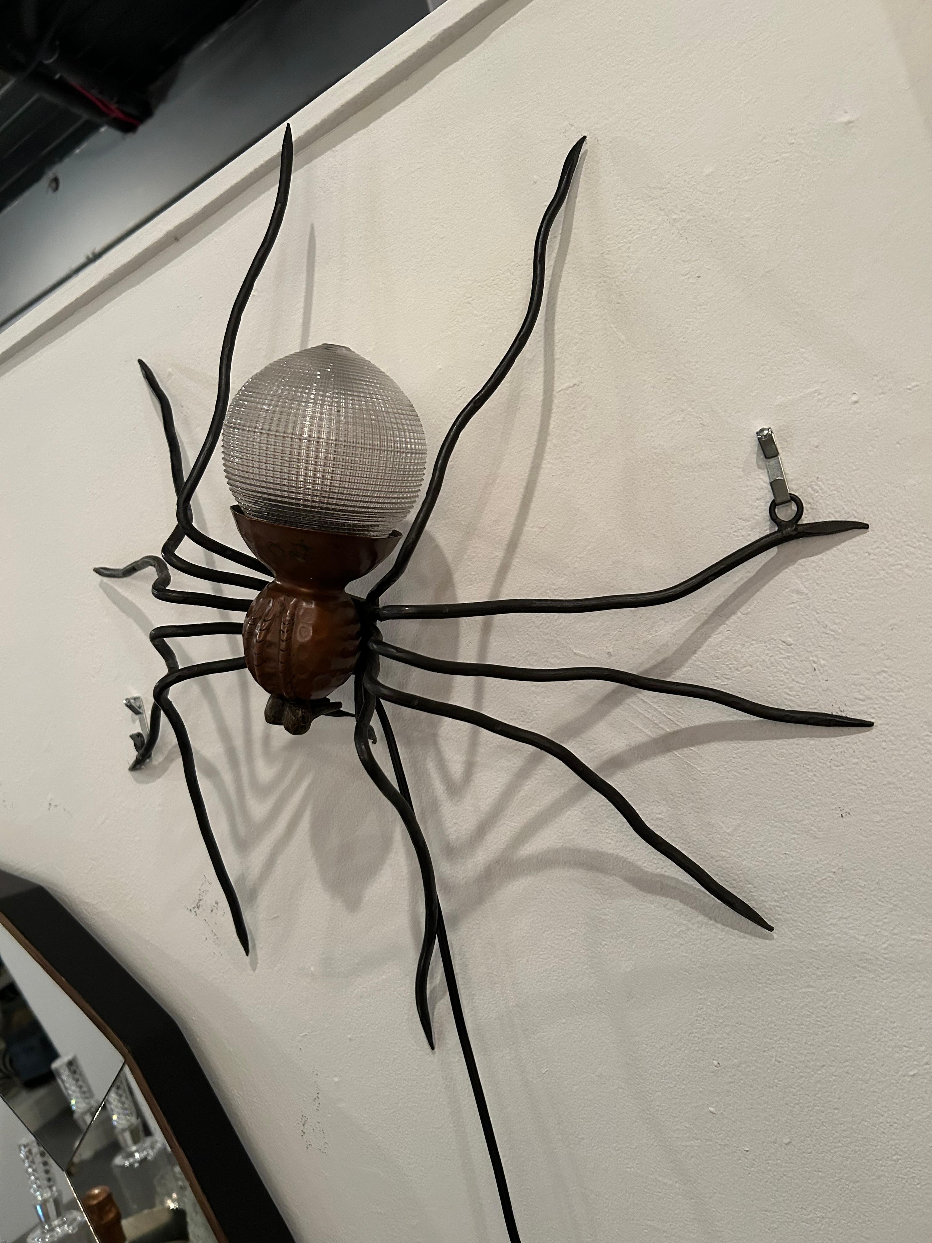 French Artisan Made Iron Copper & Ribbed Glass Spider Sconce For Sale 4