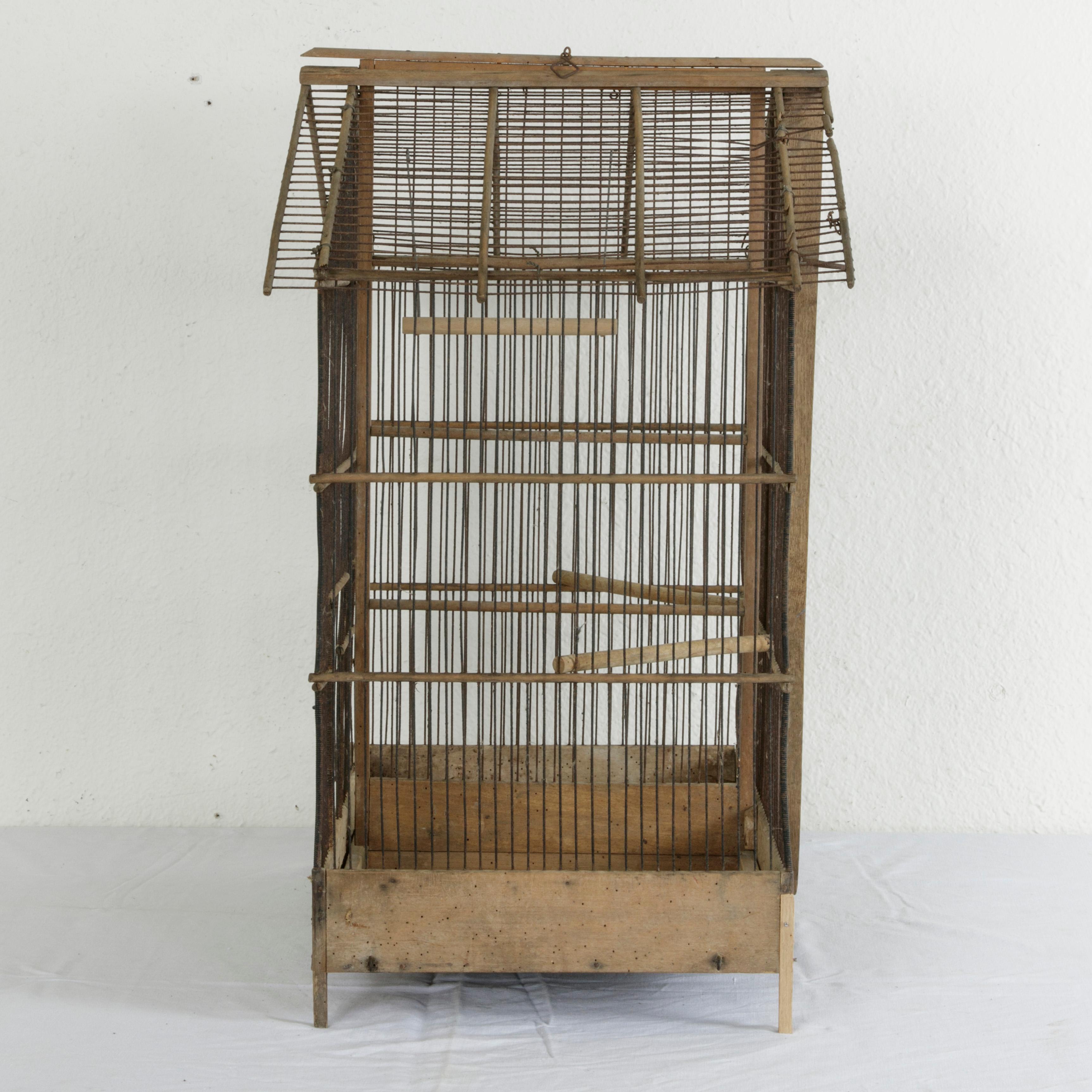 Rustic French Artisan Made Oak and Wire Bird Cage with Two Compartments and Divider